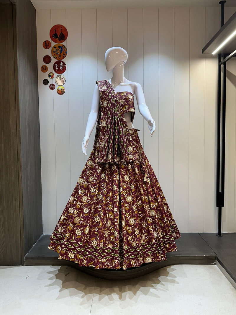 Pure Cotton Printed Chaniya Choli in Maroon for Women’s Navratri Outfit

