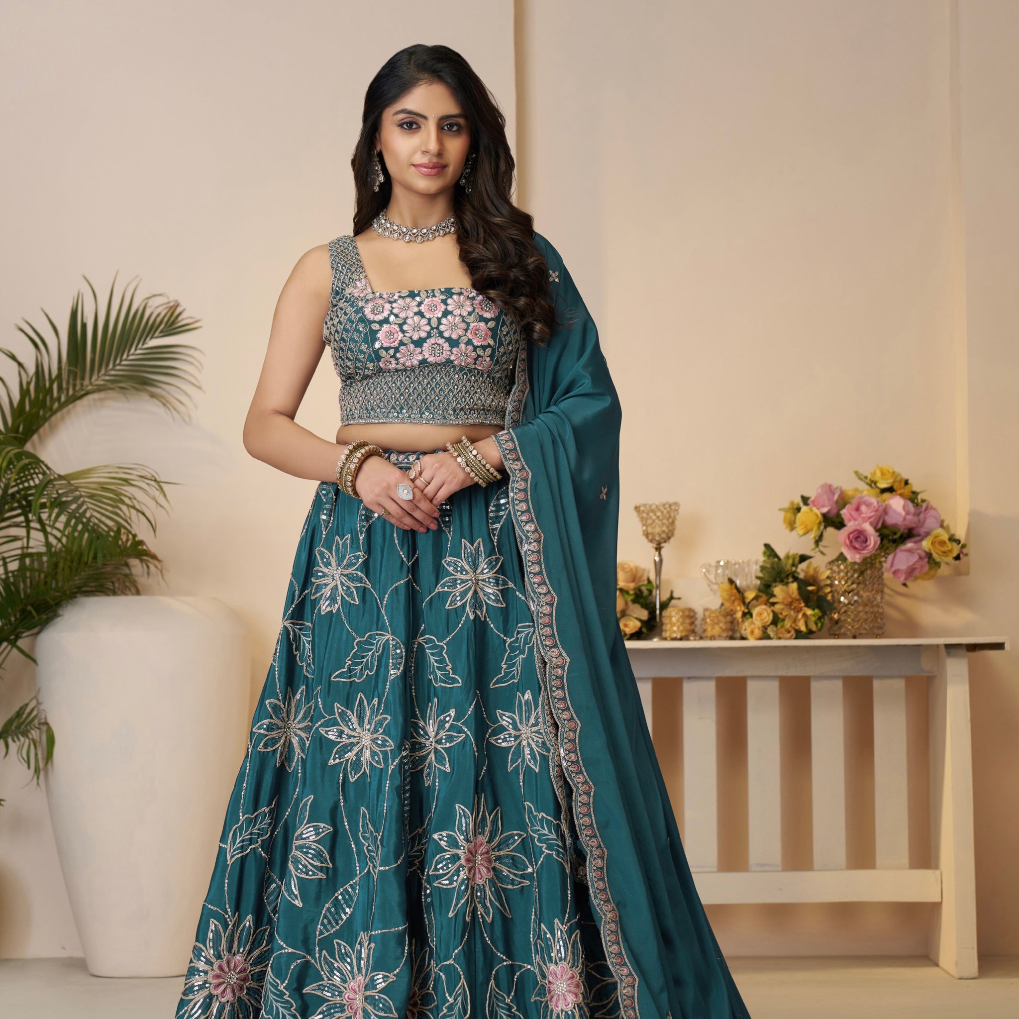 Blue Satin Silk Lehenga Choli Set with Dupatta

