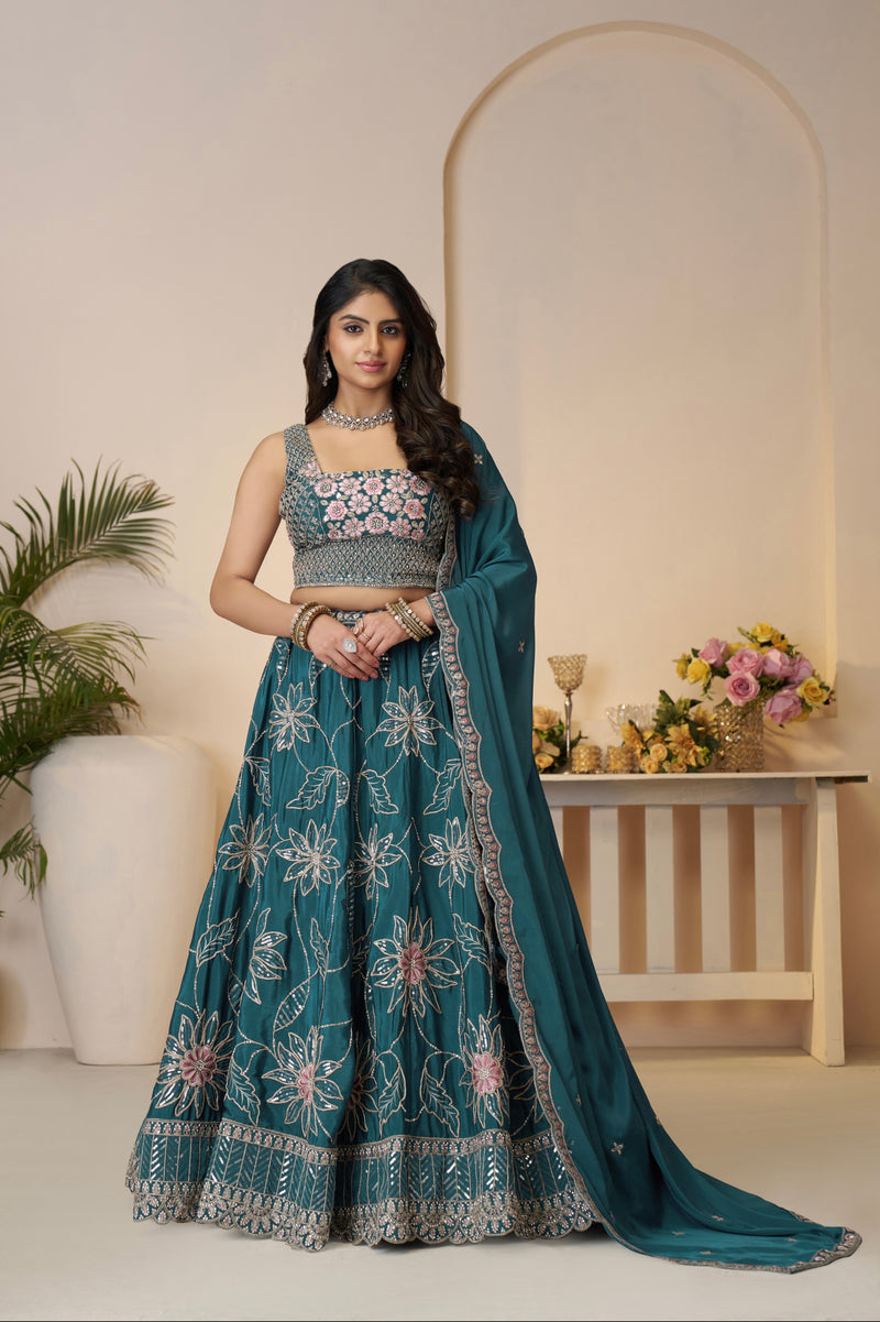 Blue Satin Silk Lehenga Choli Set with Dupatta

