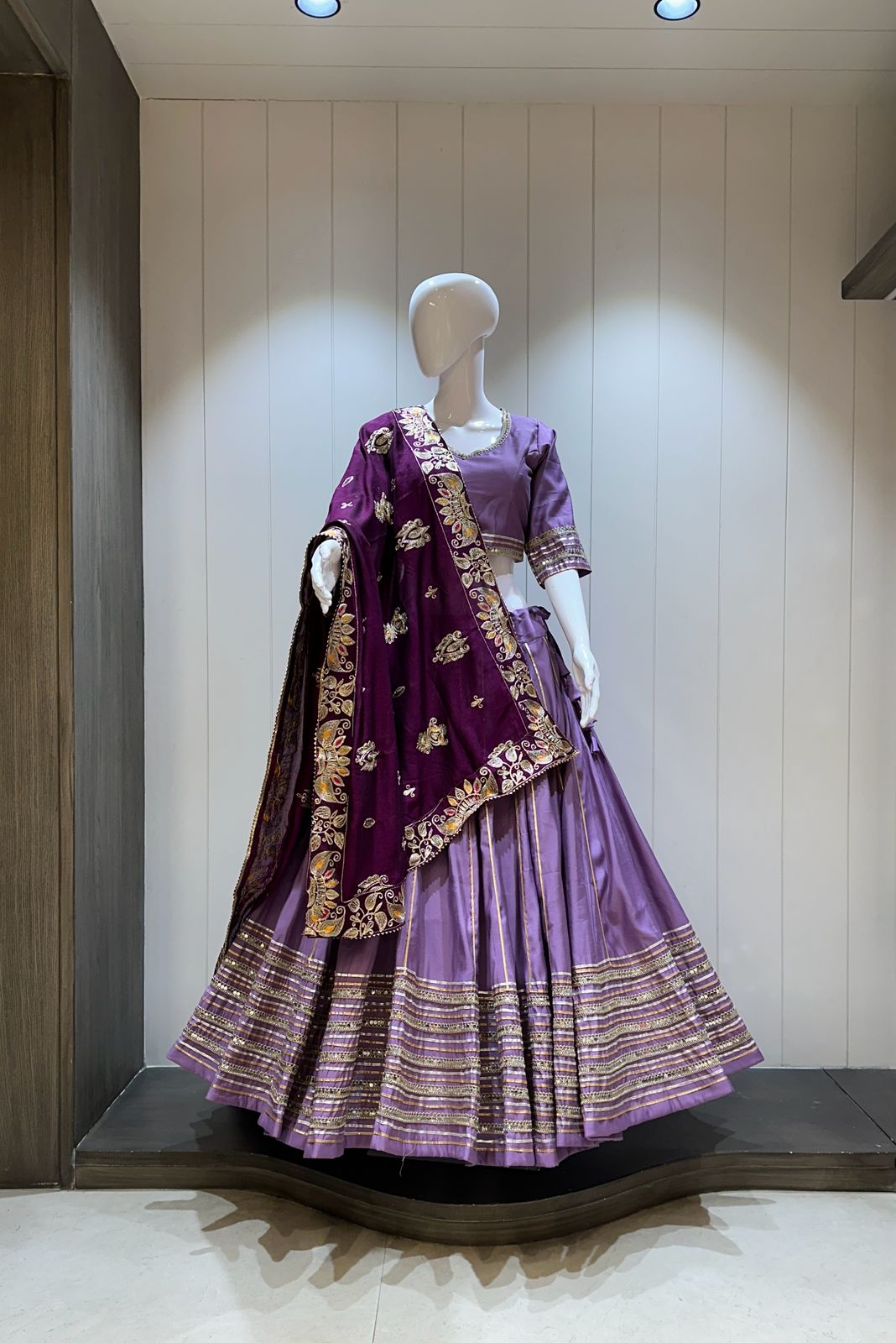 Lavender chaniya choli with wine dupatta

