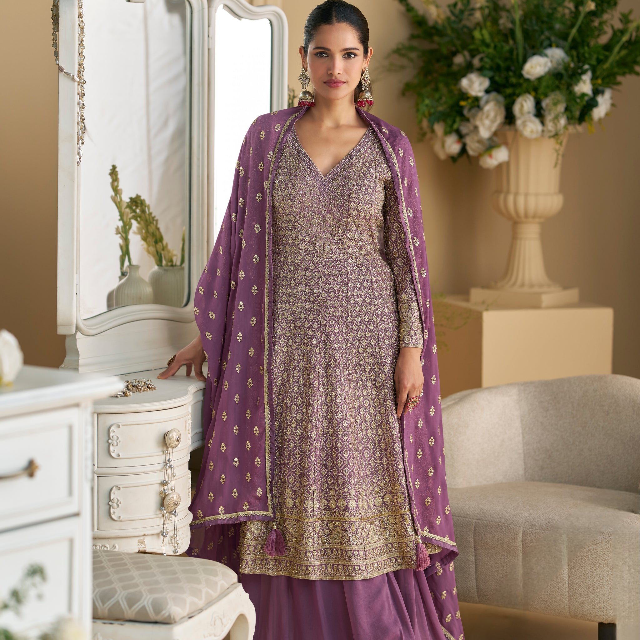 Royal Purple Hand Swarovski Palazzo Suit