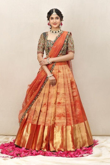 Beautiful Kanjiveram Silk Pure Zari HALF Saree with Blouse Along With Dupptta 
