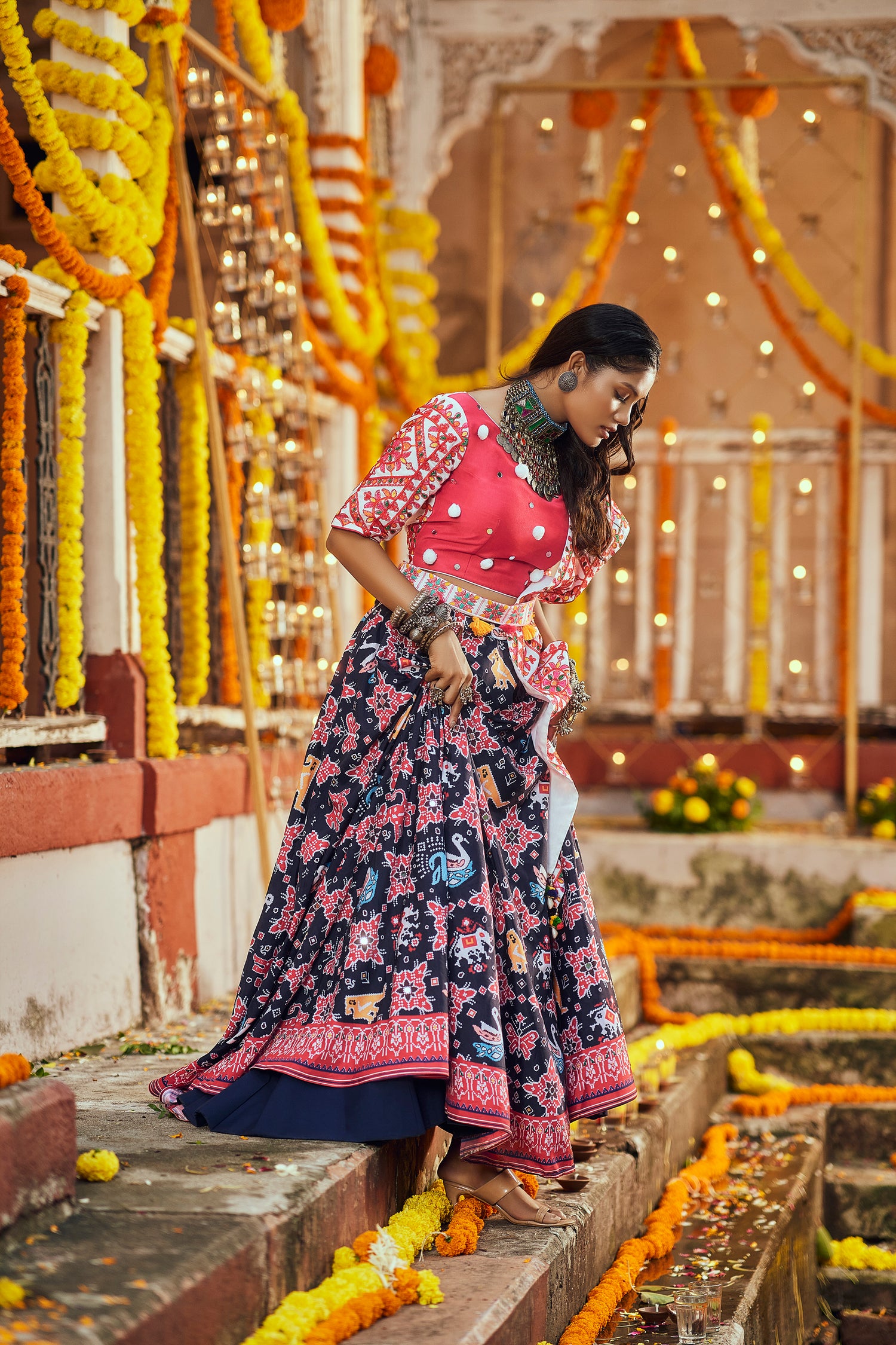 Mirror work black blouse with lehenga