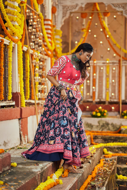 Mirror work black blouse with lehenga