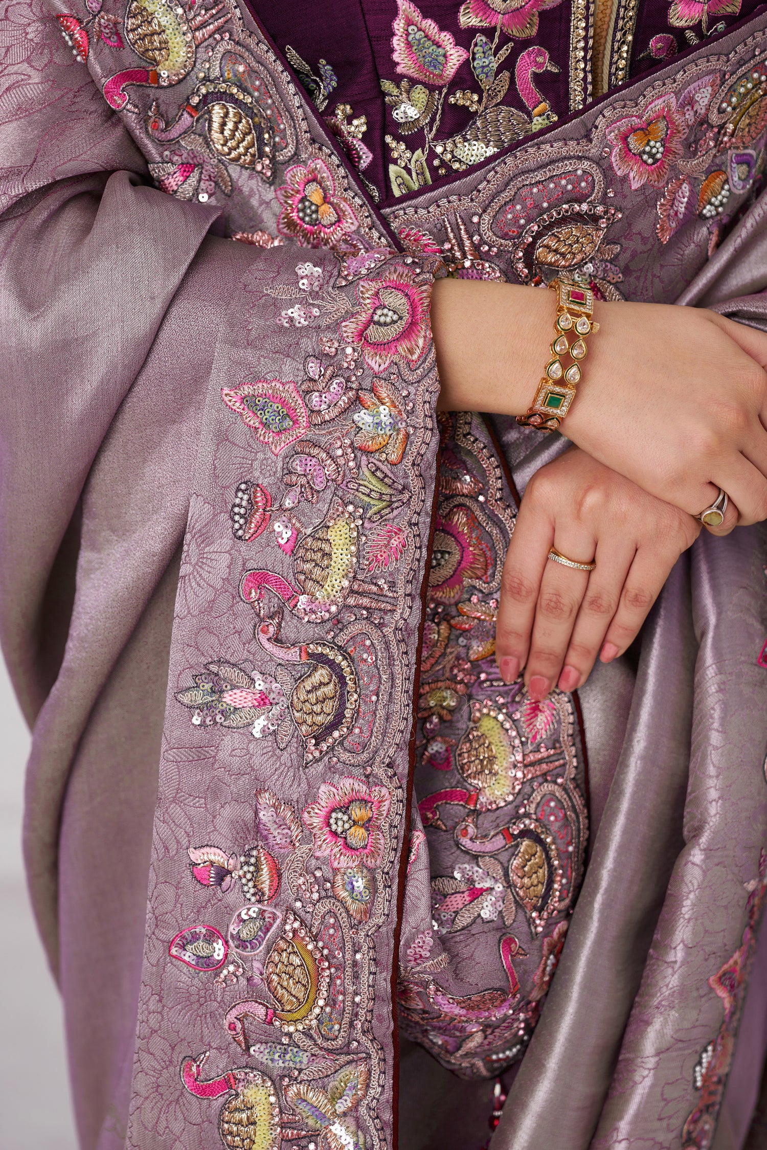 Mauve embroidered saree with luxury Dola silk drape