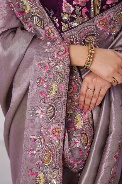 Mauve embroidered saree with luxury Dola silk drape