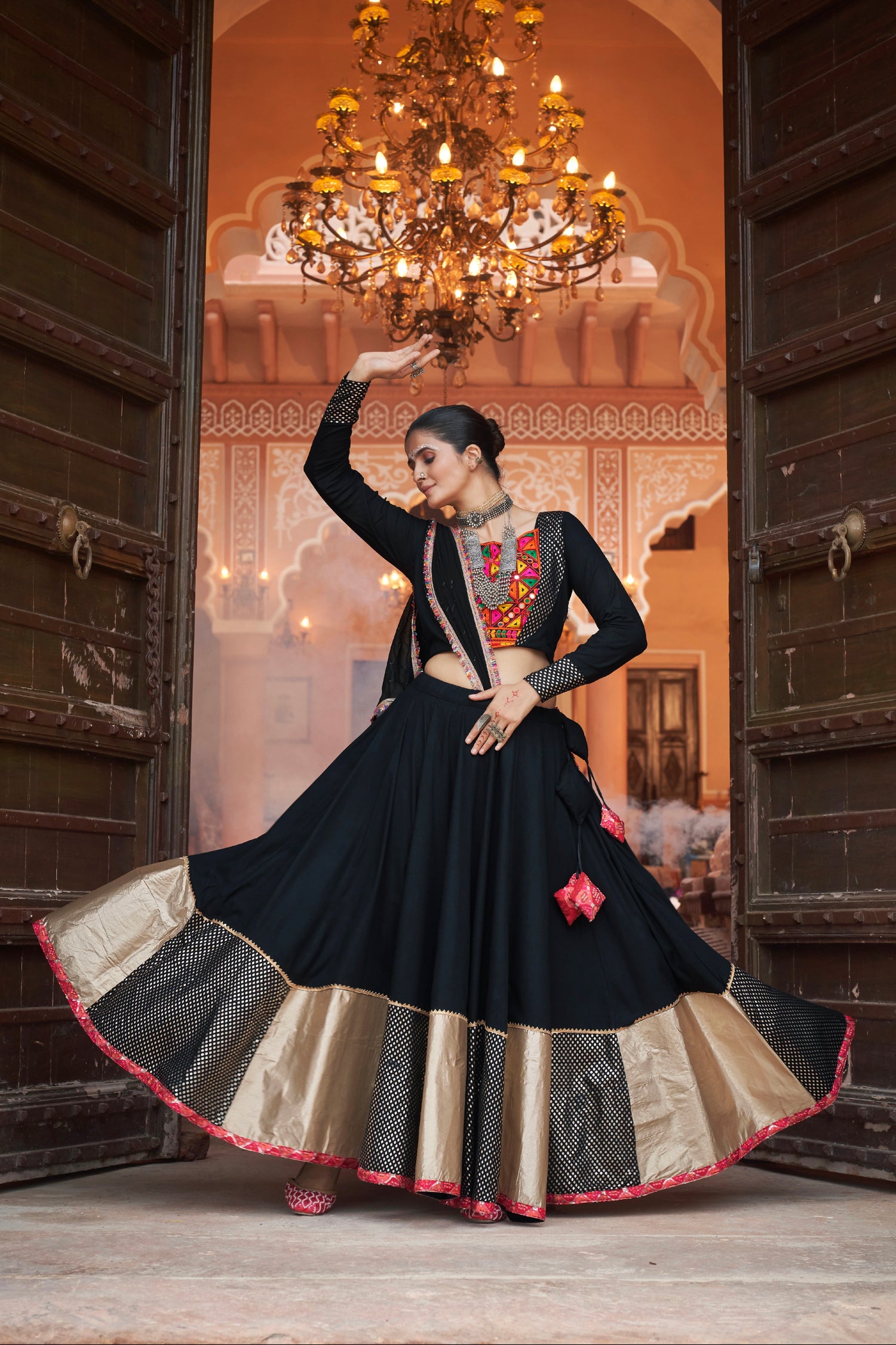 Black &amp; Gold Embroidered Viscose Rayon Chaniya Choli