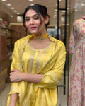 Yellow Viscose Chanderi Kurti Set with Organza Tebby Dupatta