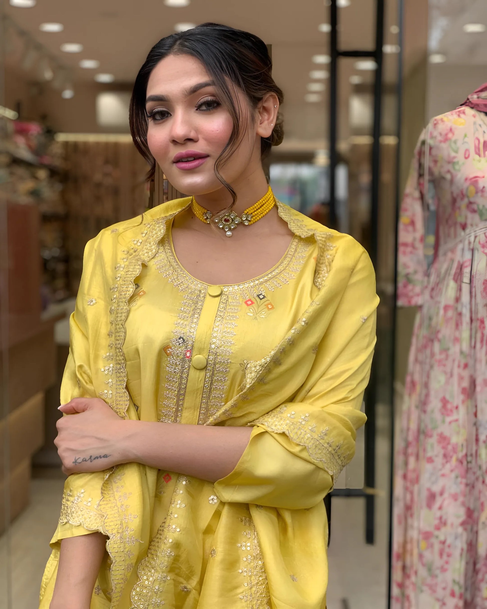 Yellow Viscose Chanderi Kurti Set with Organza Tebby Dupatta