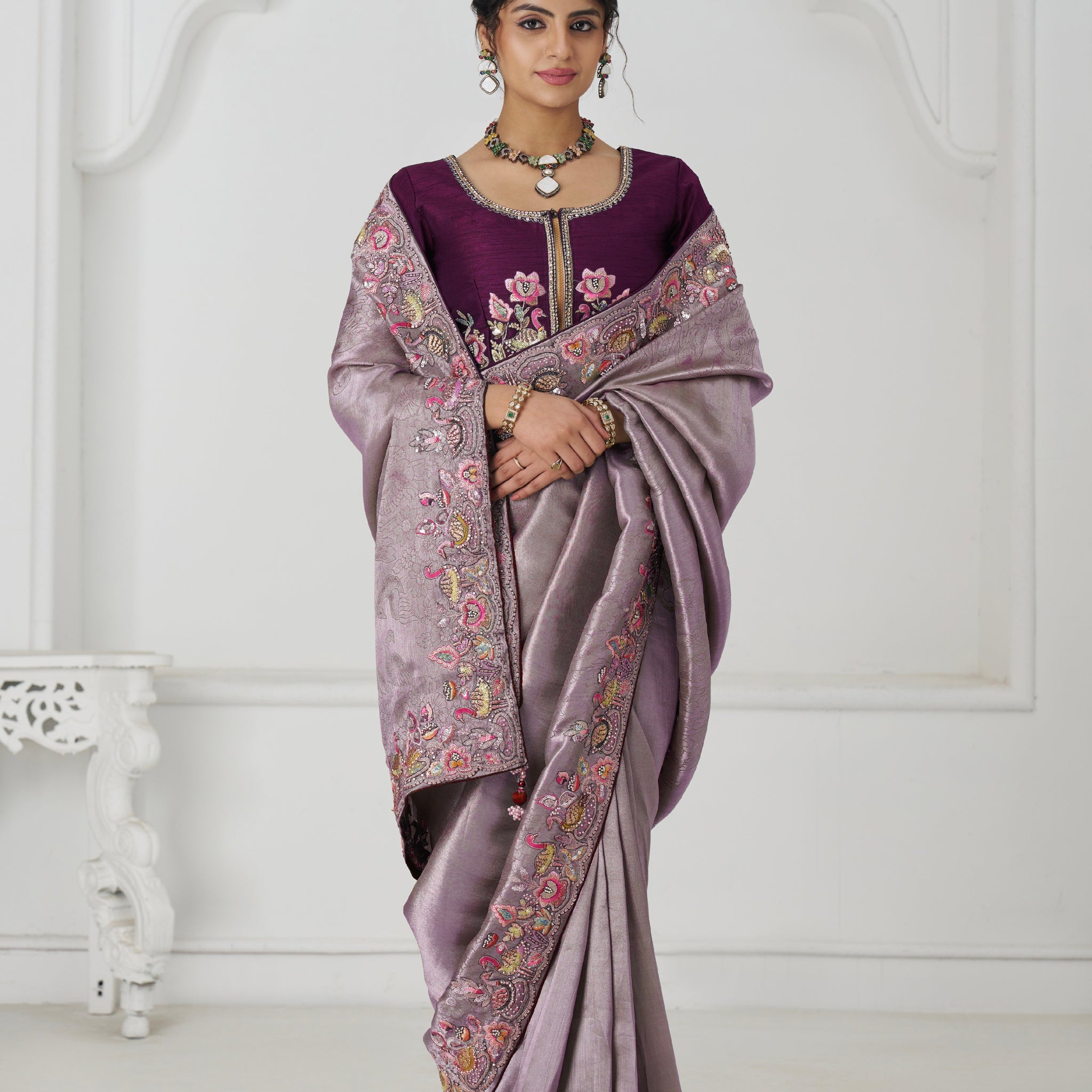 Mauve Dola silk saree with sequin and bead embroidery