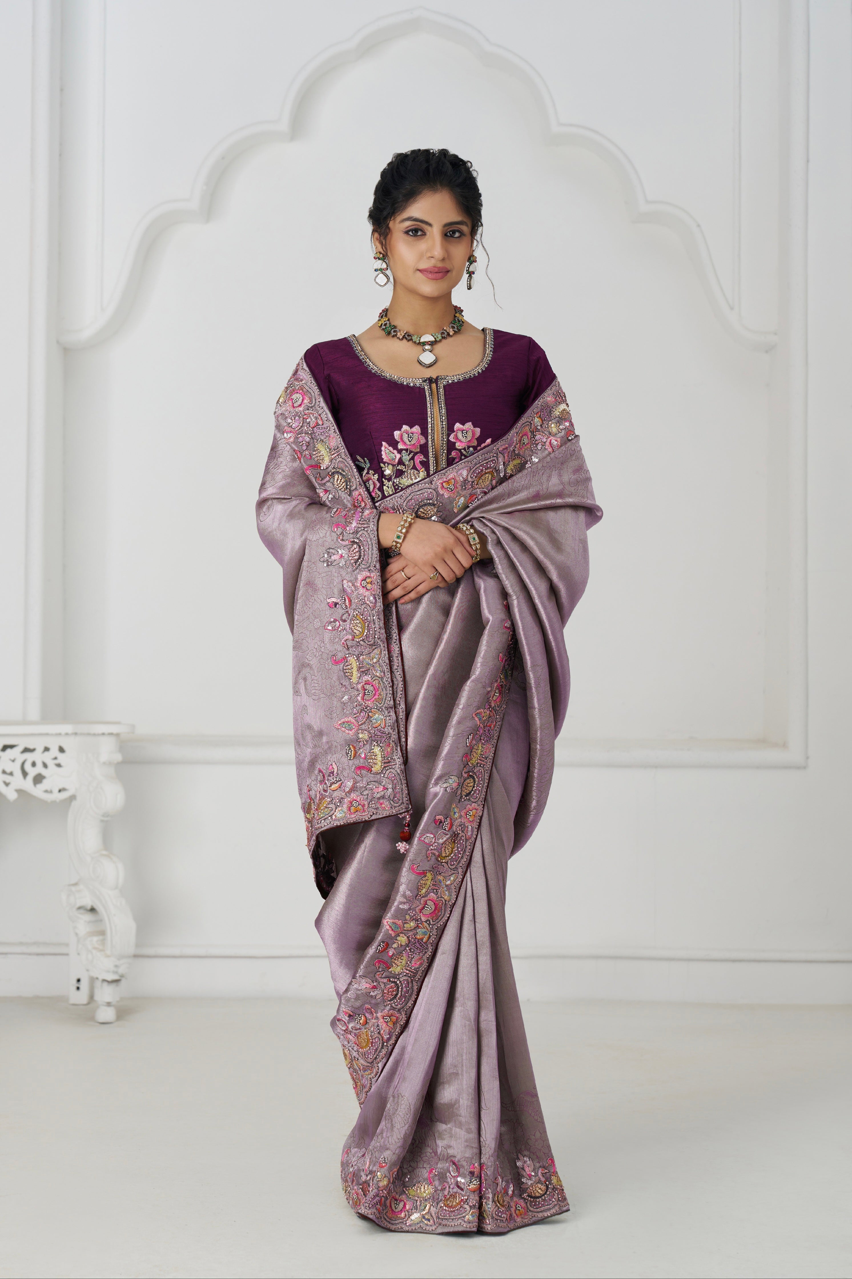 Mauve Dola silk saree with sequin and bead embroidery