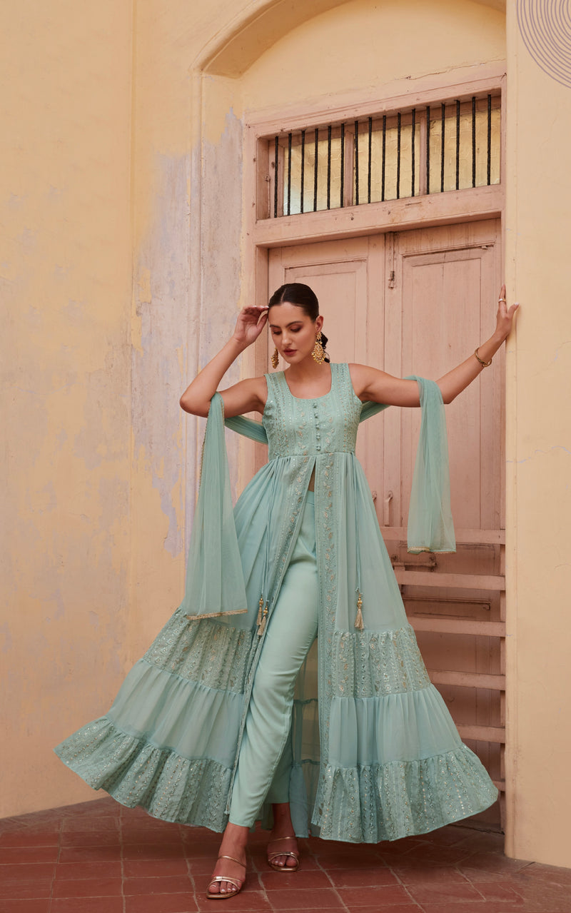 Firozi Anarkali In Georgette With Sequins, Thread And Zari Embroidery