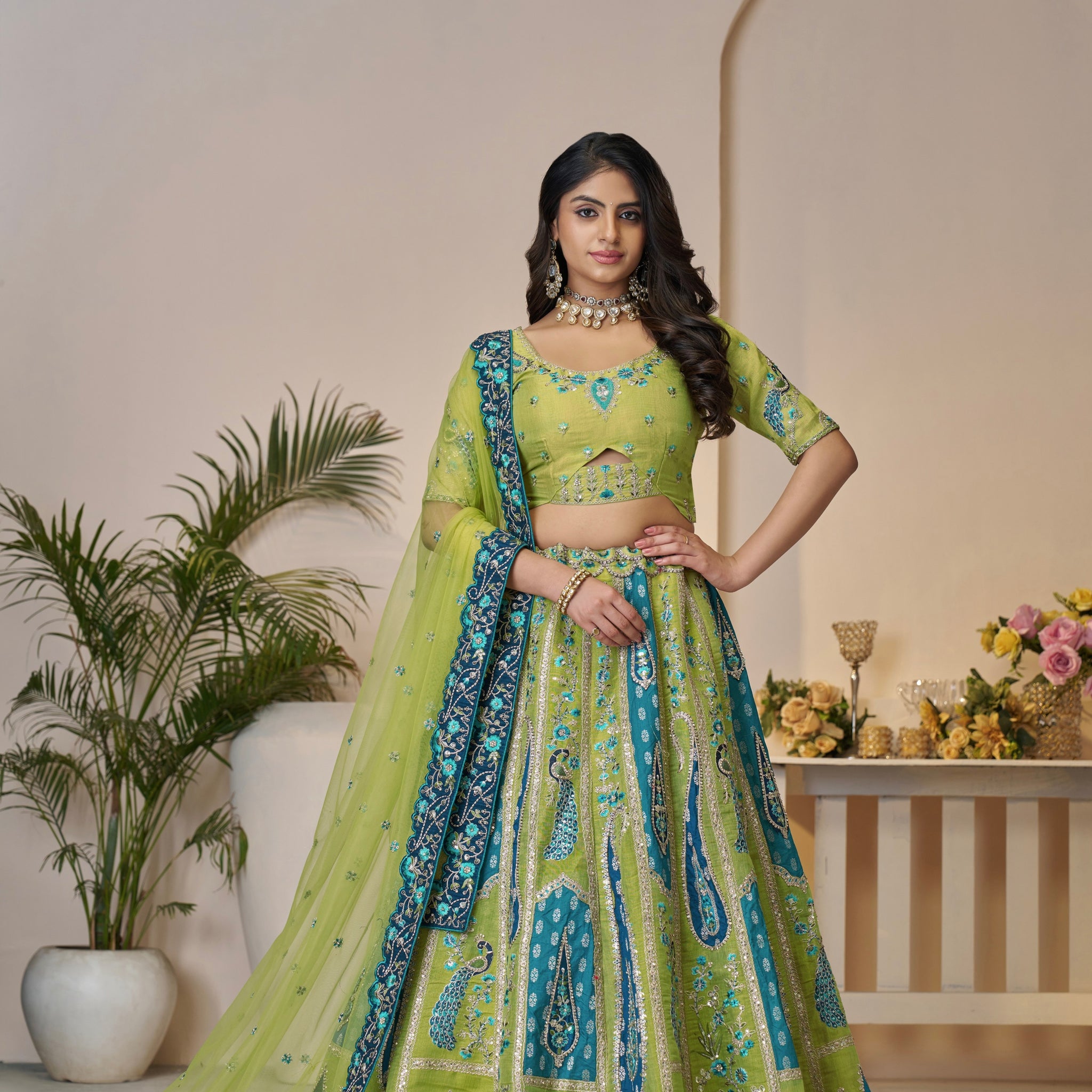 Green Banarasi silk lehenga with dupatta for bridal wear

