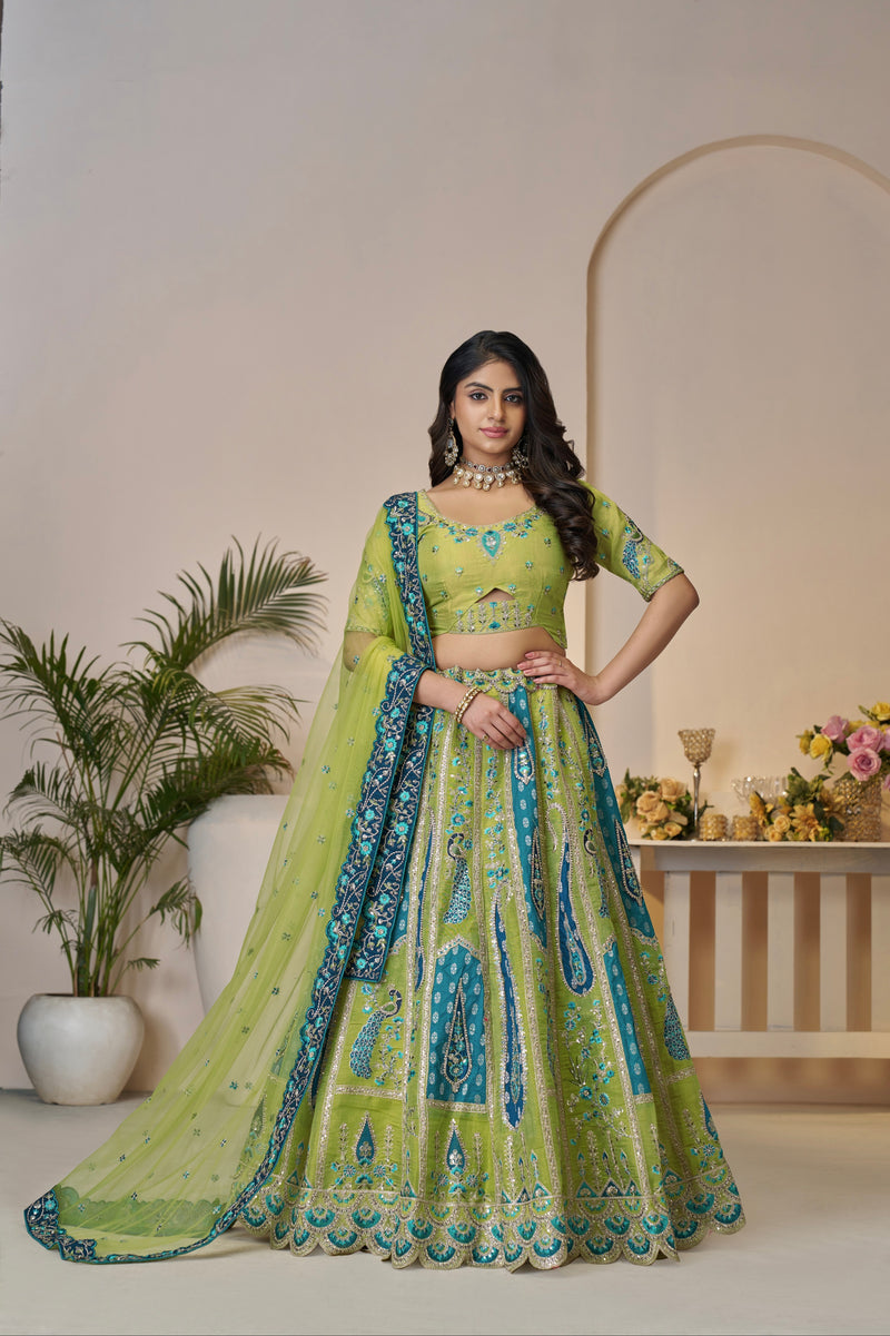 Green Banarasi silk lehenga with dupatta for bridal wear

