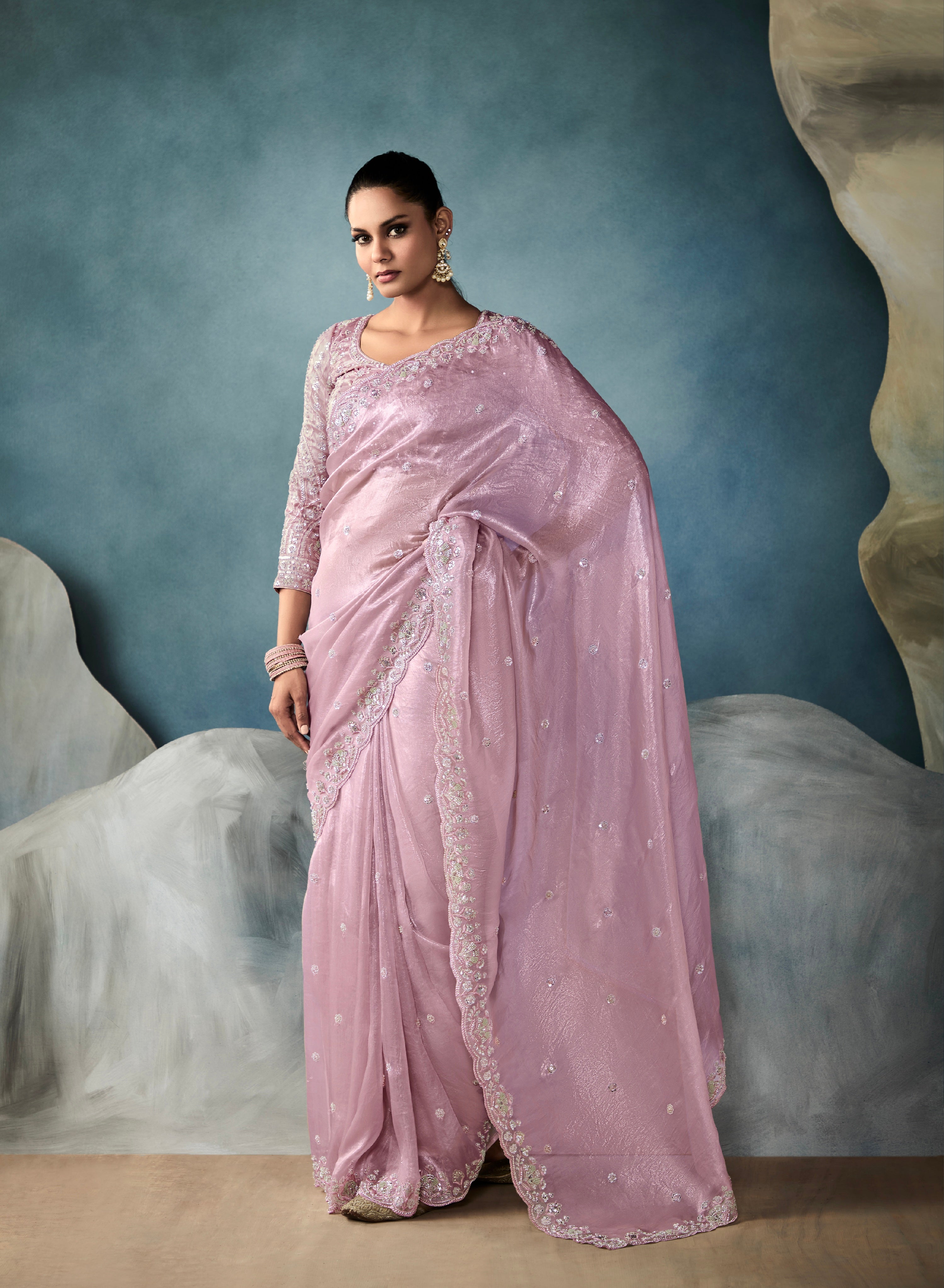 Mauve tissue saree with hand embroidery

