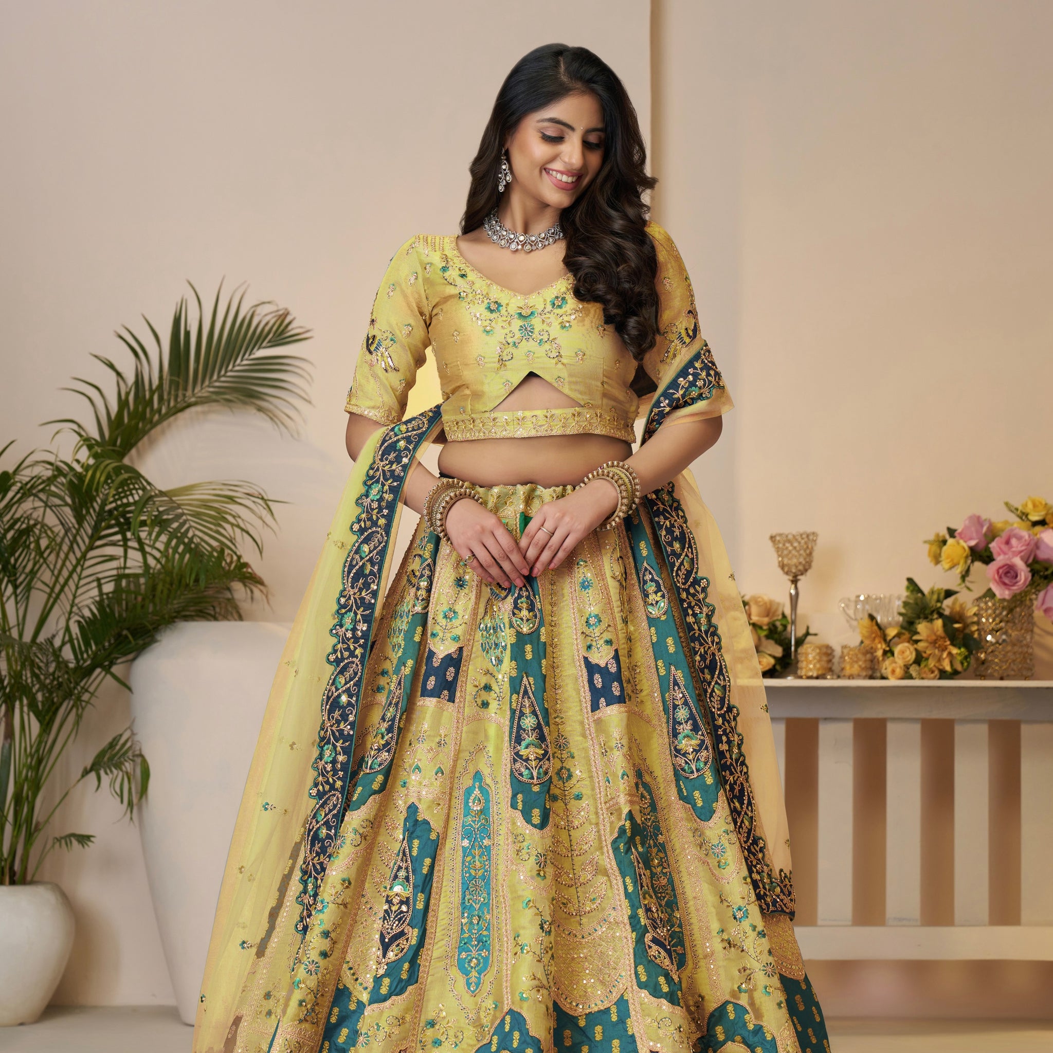 Yellow Banarasi Silk Lehenga with Dupatta