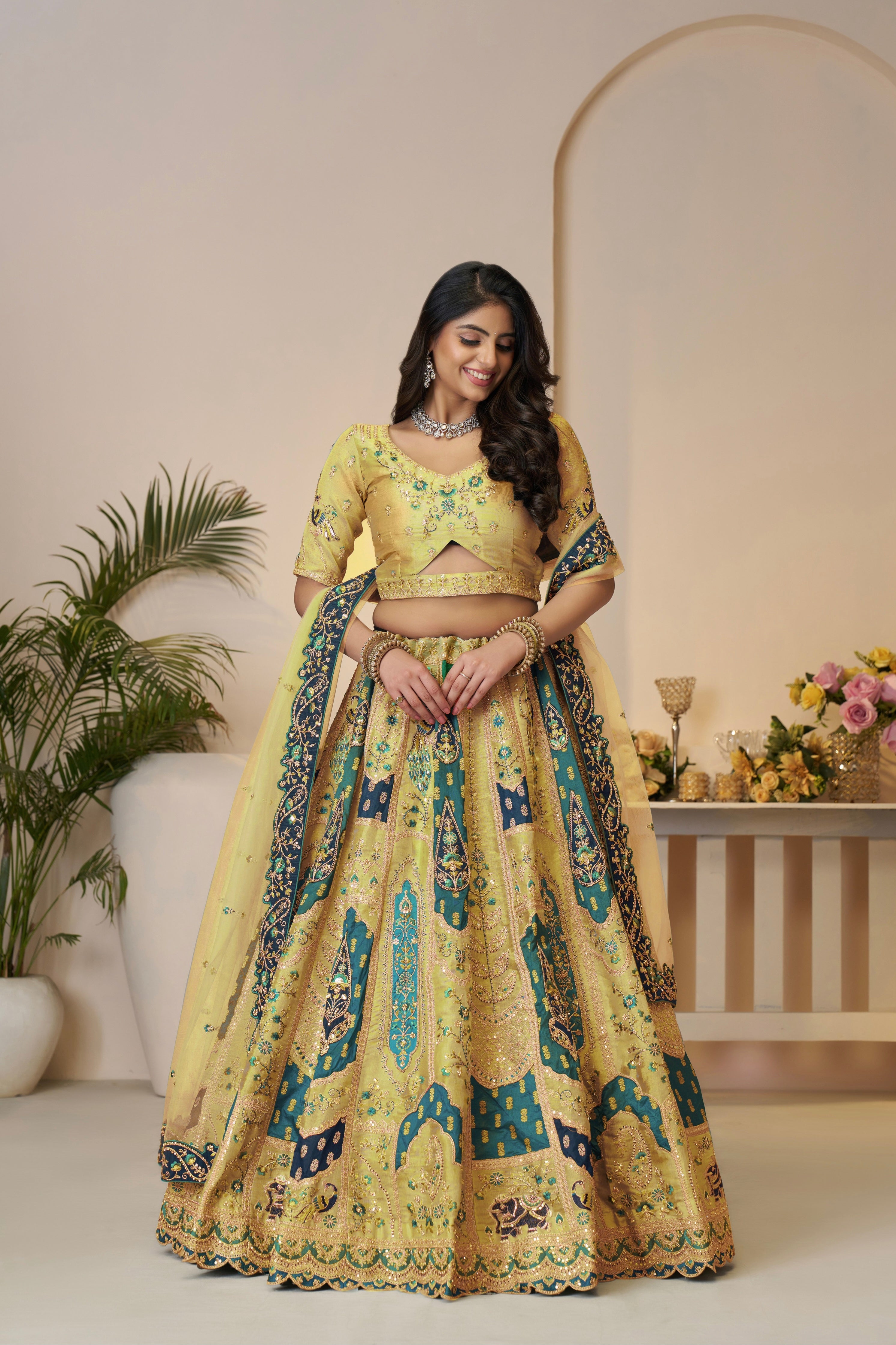 Yellow Banarasi Silk Lehenga with Dupatta
