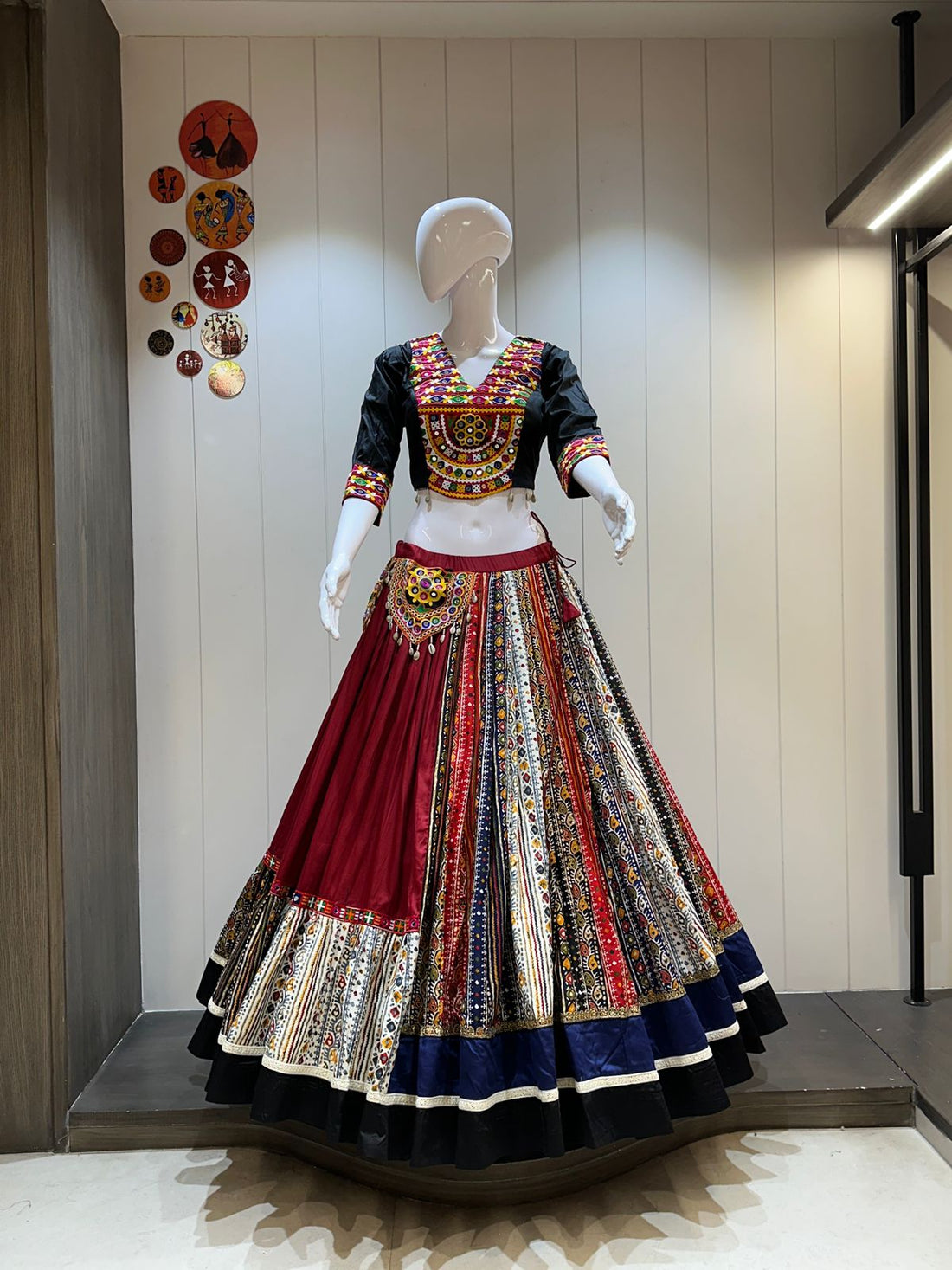 Maroon navy Gamthi chaniya choli with Jaam cotton and 14-meter flare

