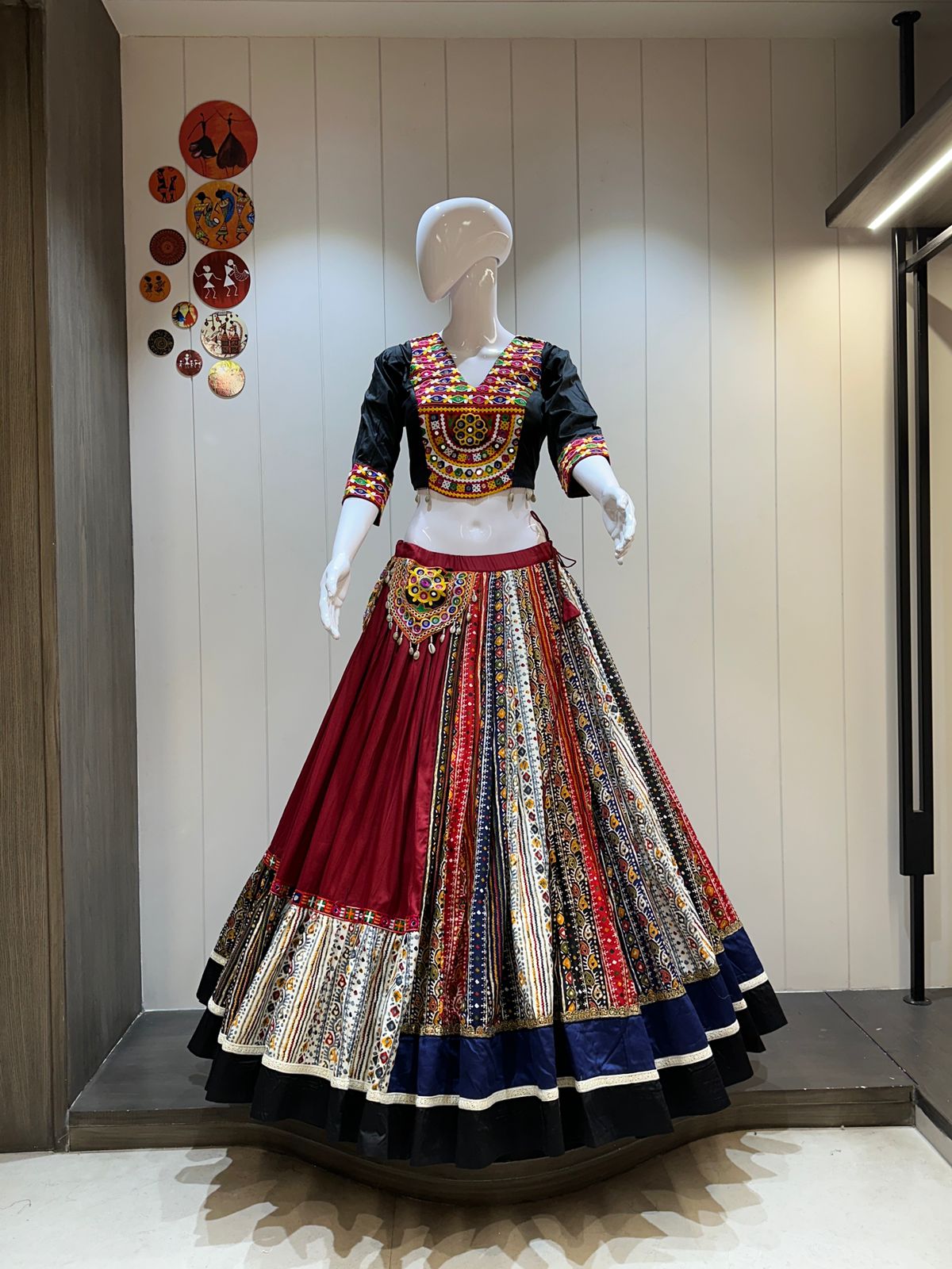 Navratri chaniya choli with original handwork in maroon and navy