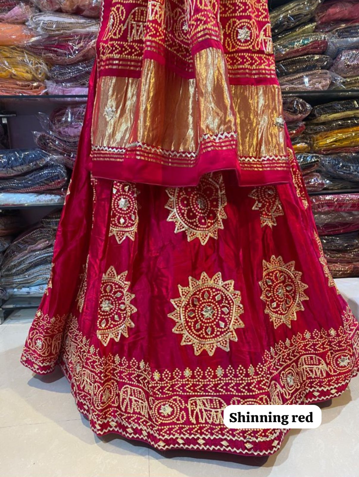 Red Pure Modal Gajji Silk Rajsthani Lehenga Choli ##color## Gharchola Lehenga Choli with premium fabric and embroidery