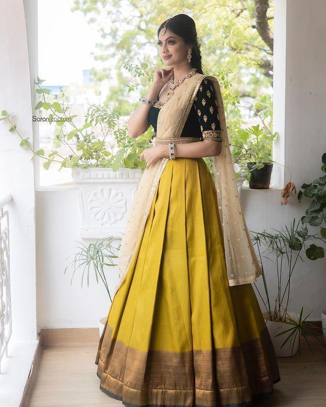 Beautiful Kanjiveram Silk Pure Zari HALF Saree with Blouse Along With Dupptta - Anant Exports