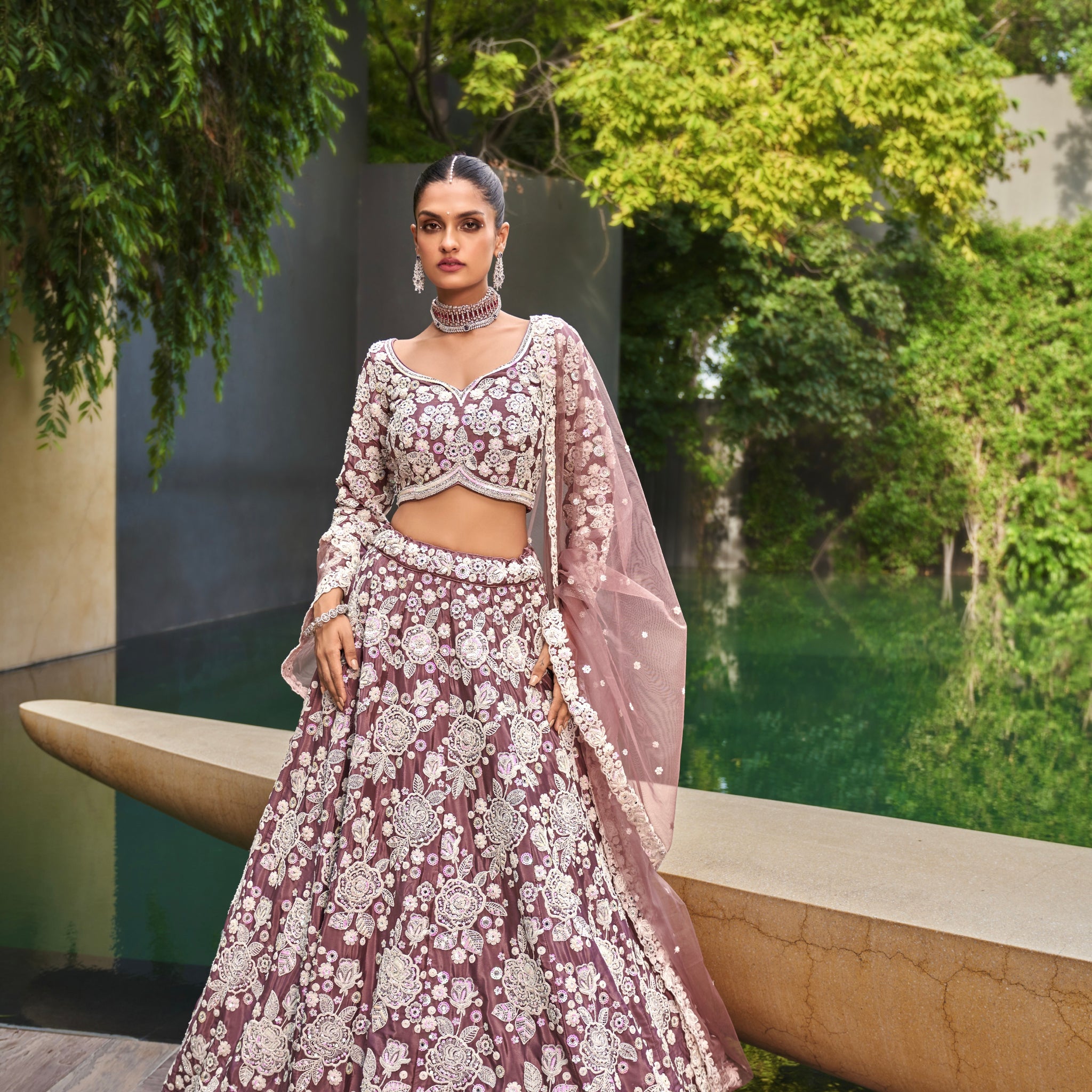 Lavender Satin Bridal Lehenga with Moti and Sequins Embroidery