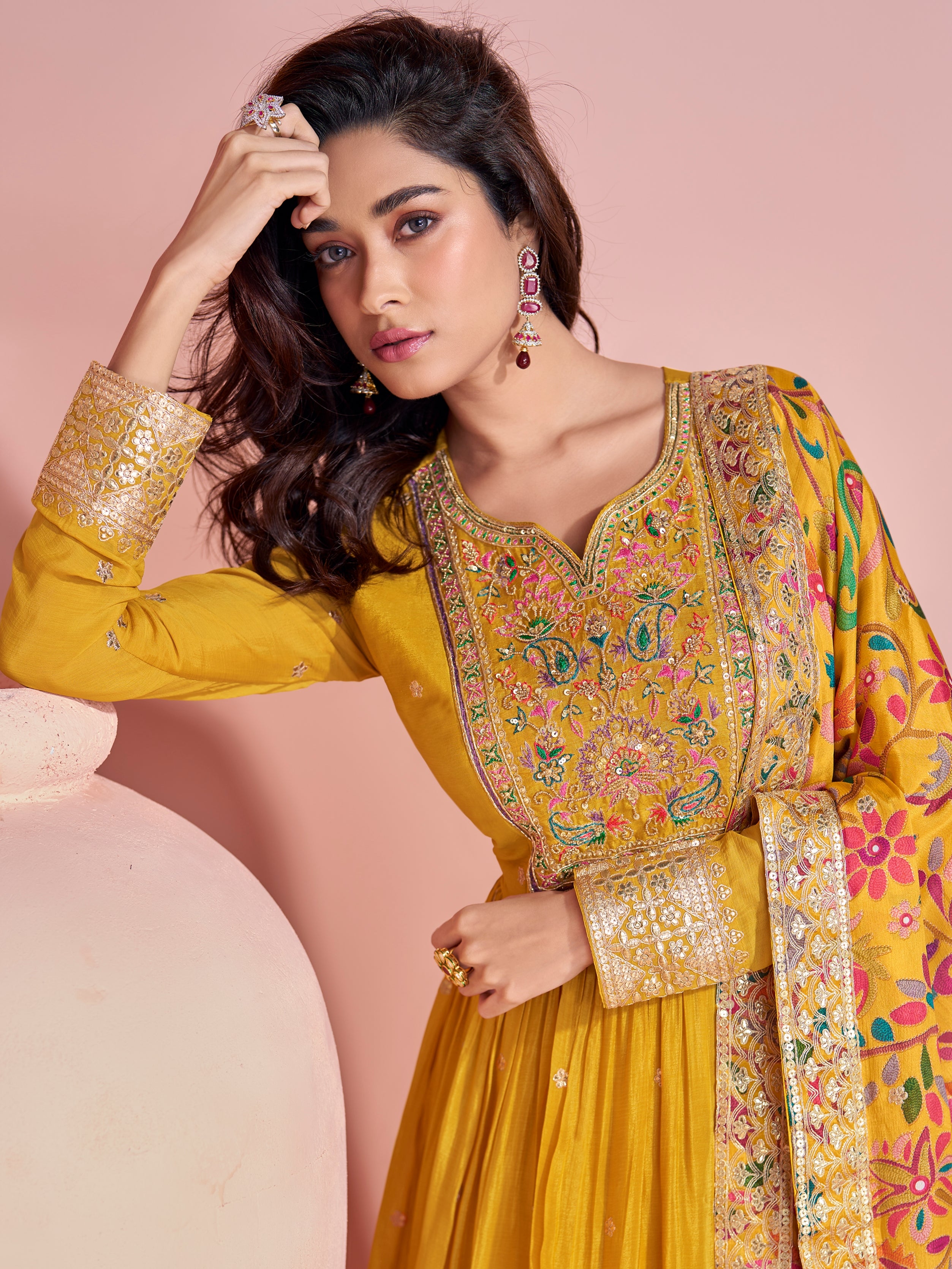 Mustard Yellow Heavy Embroidered Anarkali Gown