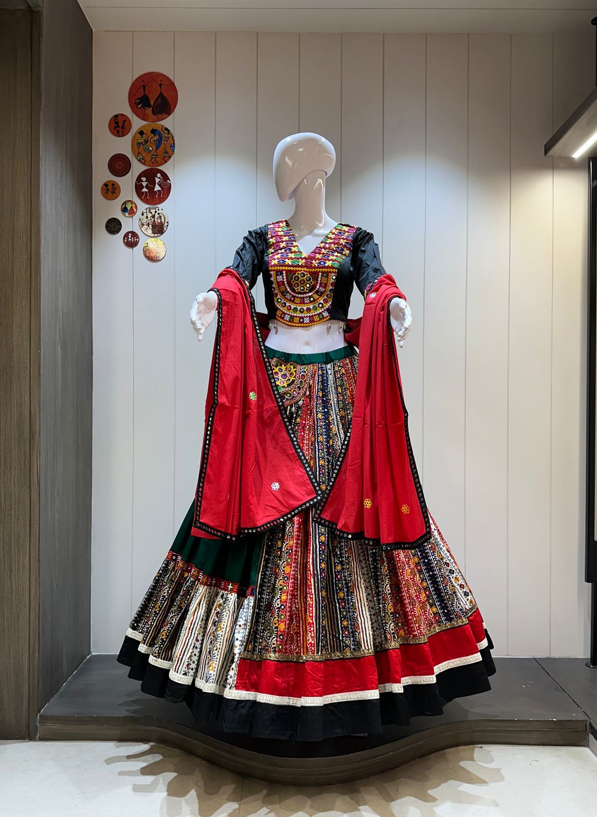 Red green Gamthi work Jaam cotton chaniya choli for Navratri