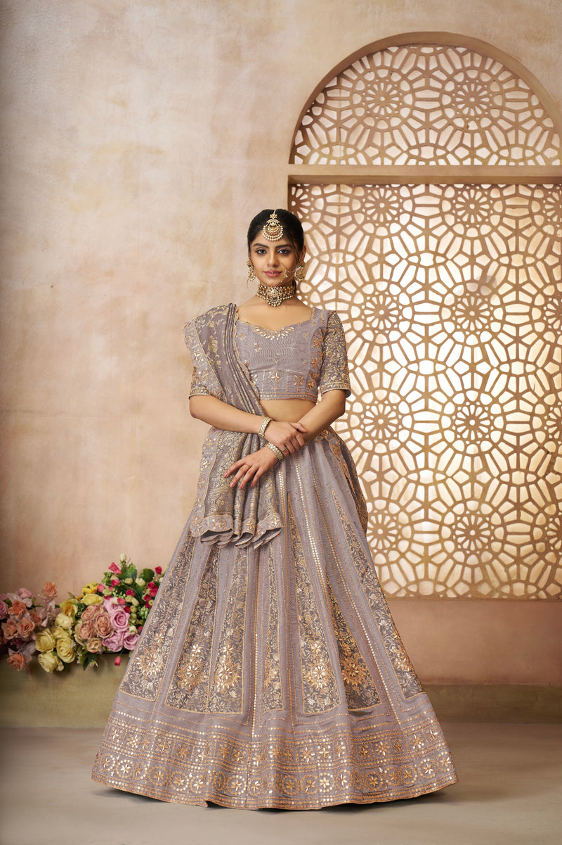 Onion tissue bridal lehenga with jacquard dupatta

