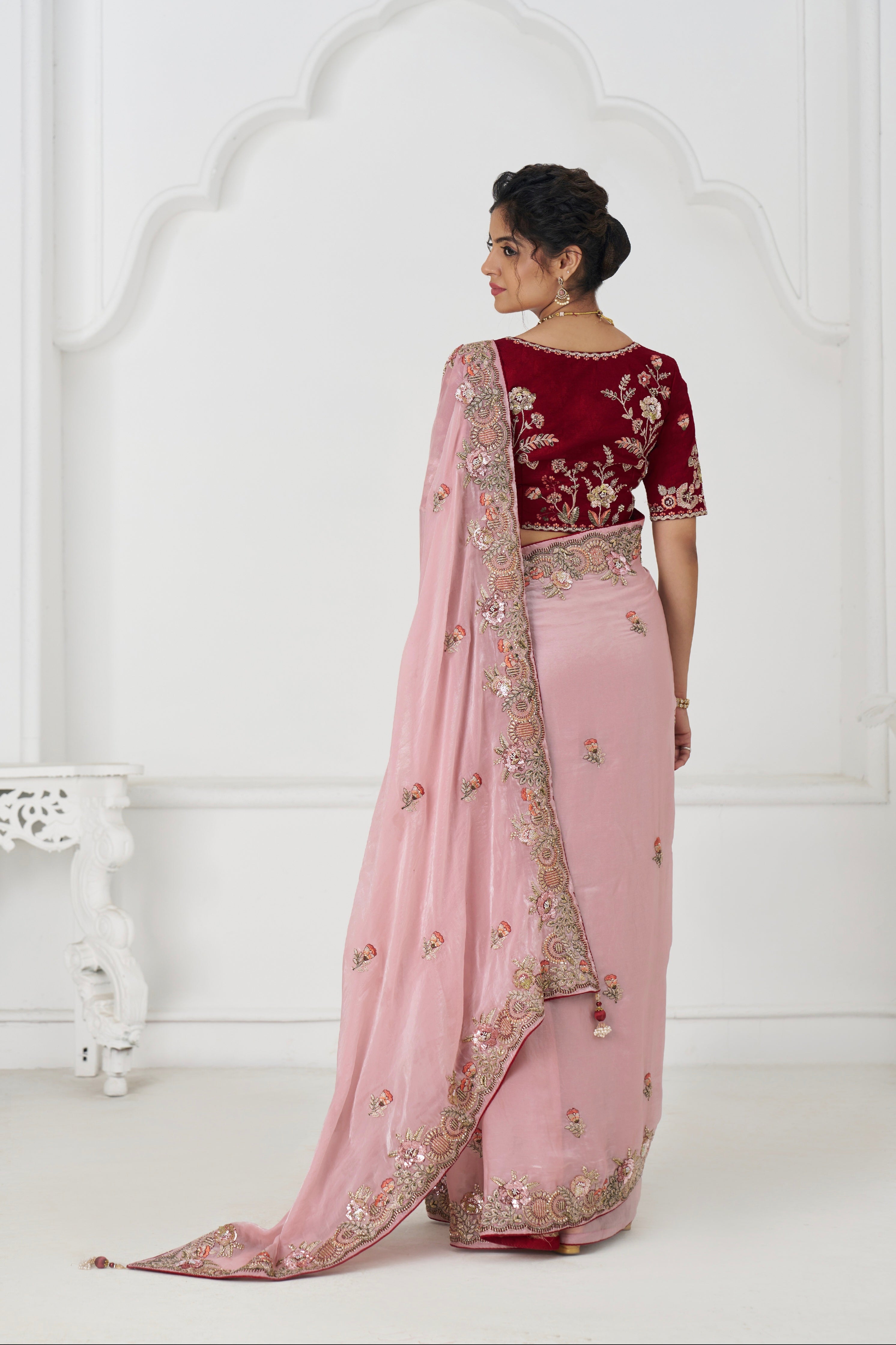 Luxurious Fendi silk pink saree for festive look