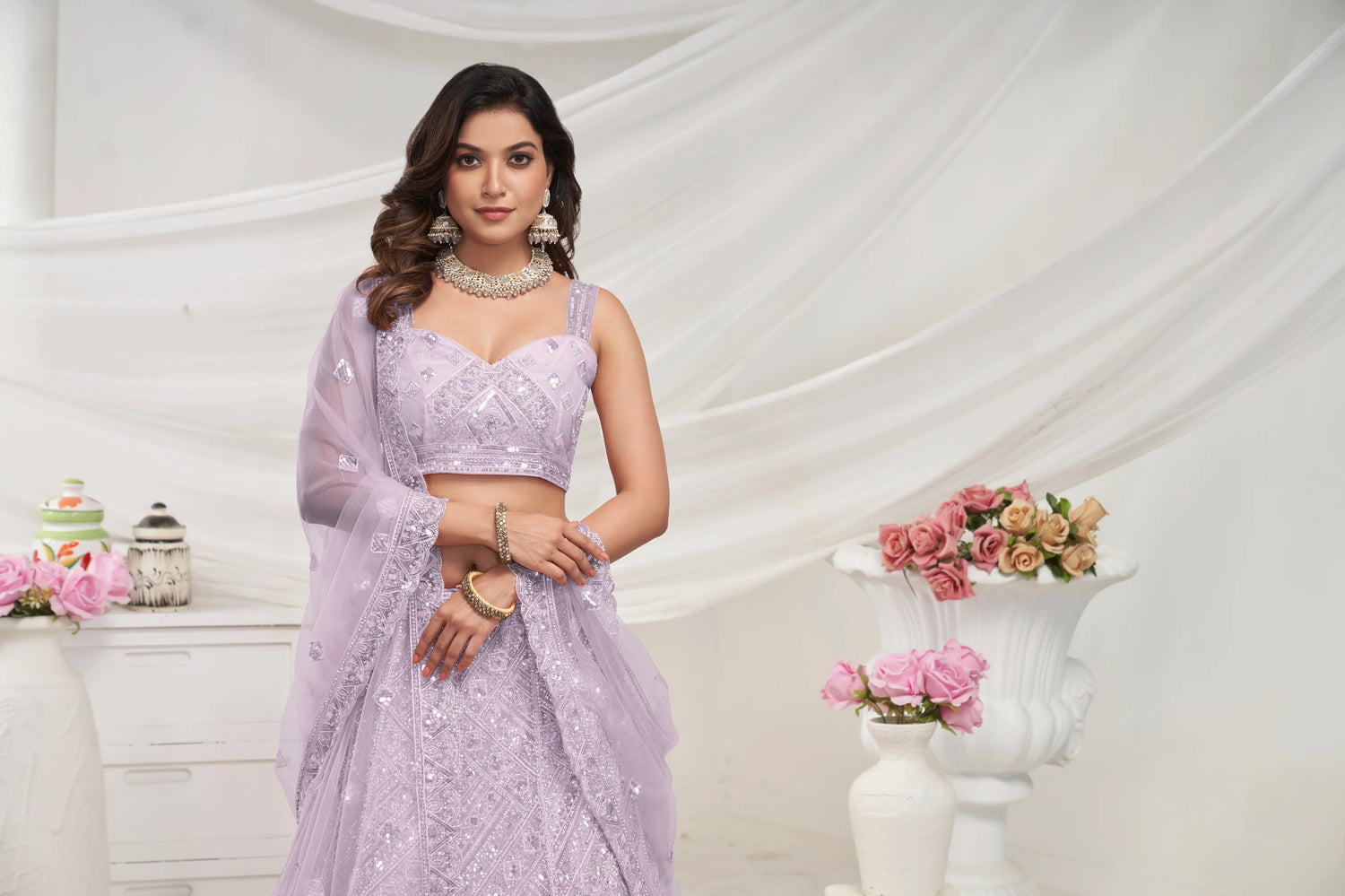 Mauve Net Lehenga with Sequin &amp; Cut Dana - Bridal Ensemble