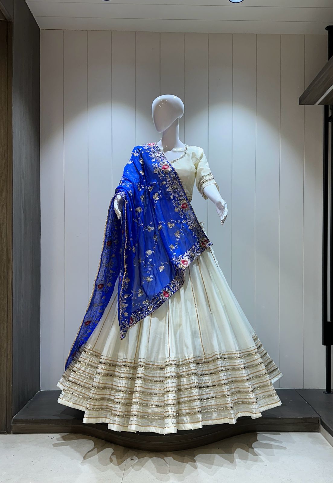 Cream Chaniya Choli with Royal Blue Dupatta - Main Image