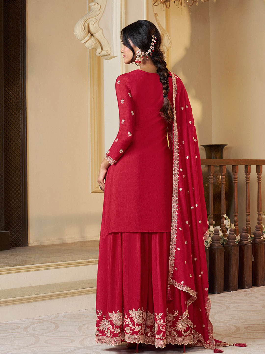Red Embroidered Chinon Sharara Suit with Thread & Khatli Handwork