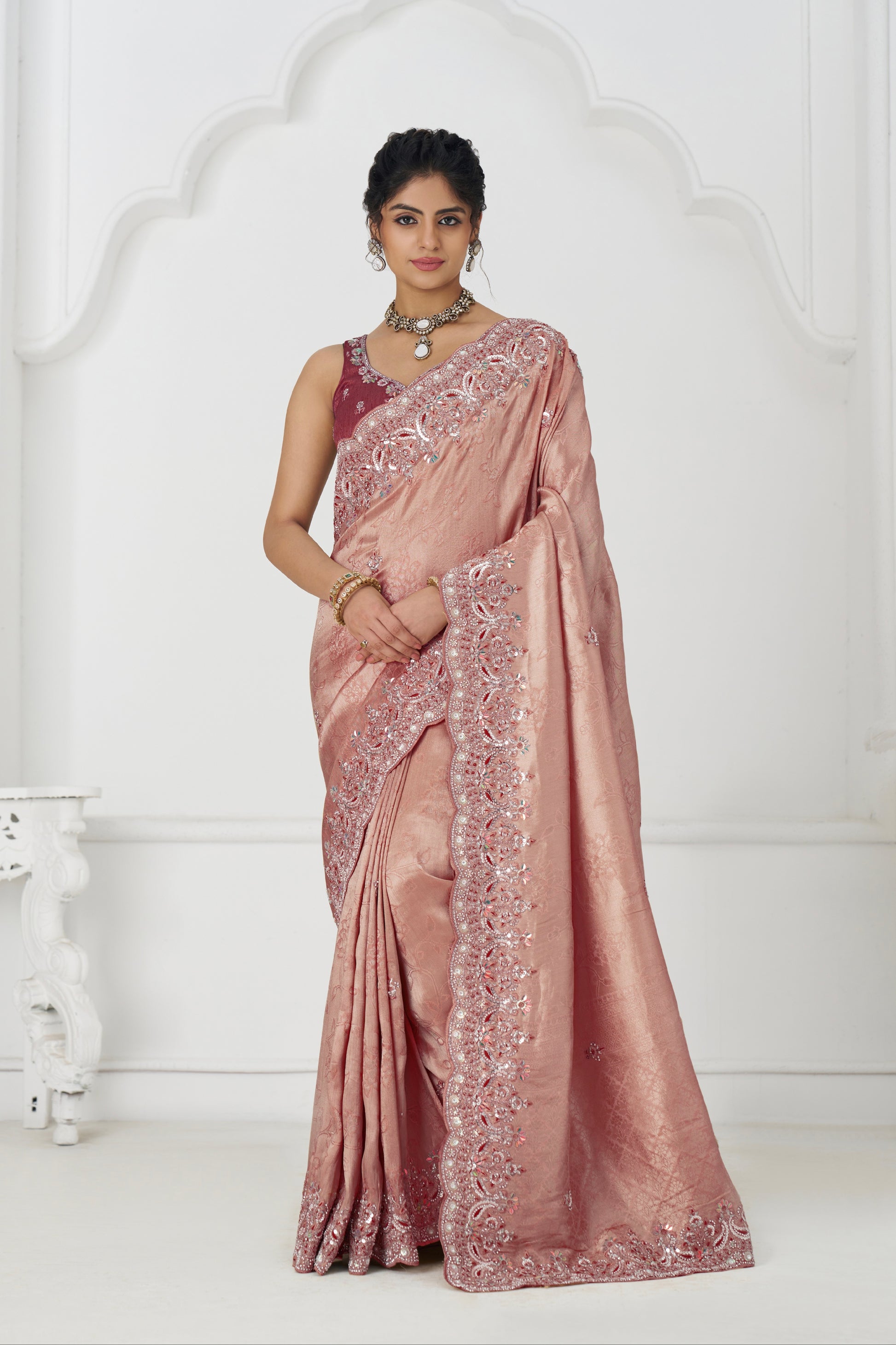 Pink Dola silk saree with sequin and bead embroidery