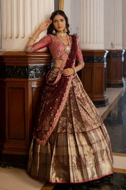 Beautiful Kanjiveram Silk Pure Zari HALF Saree with Blouse Along With Dupptta - Anant Exports