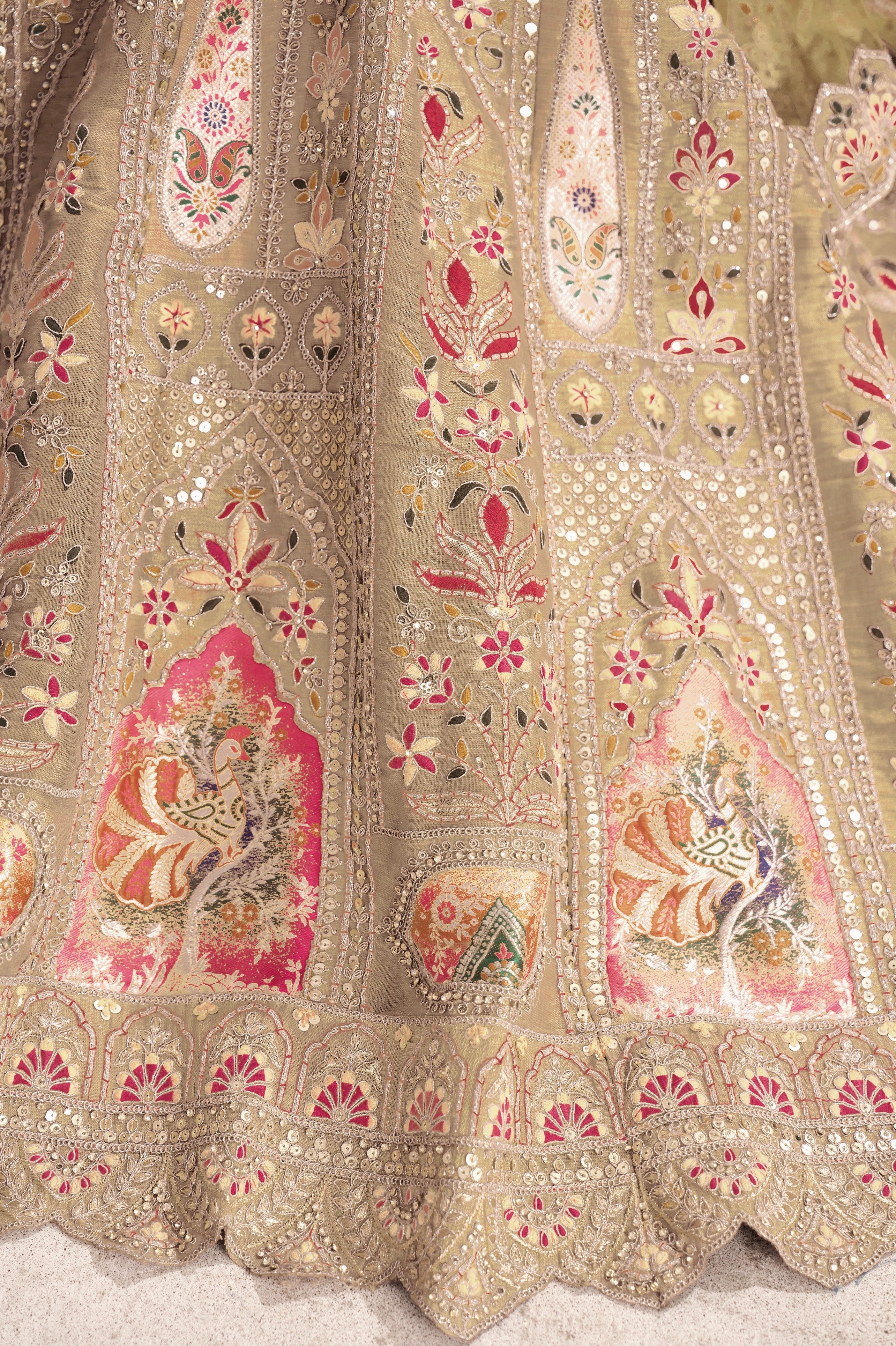 Chiku Banarasi Silk Lehenga with Aari Embroidery