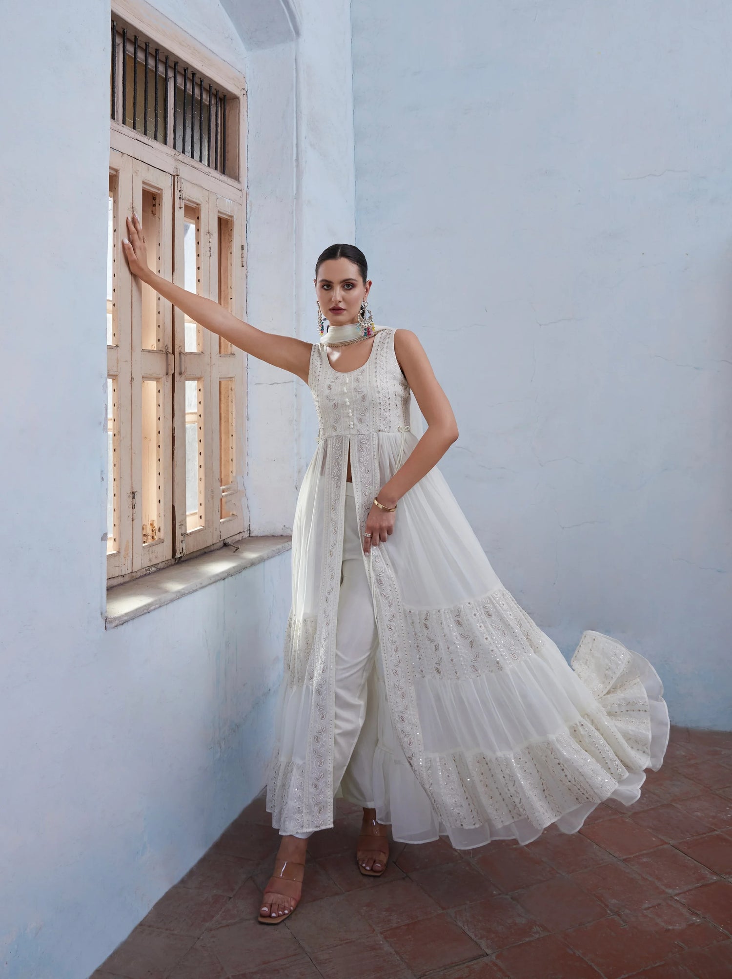 Off White Anarkali In Georgette With Sequins &amp; Thread Embroidery