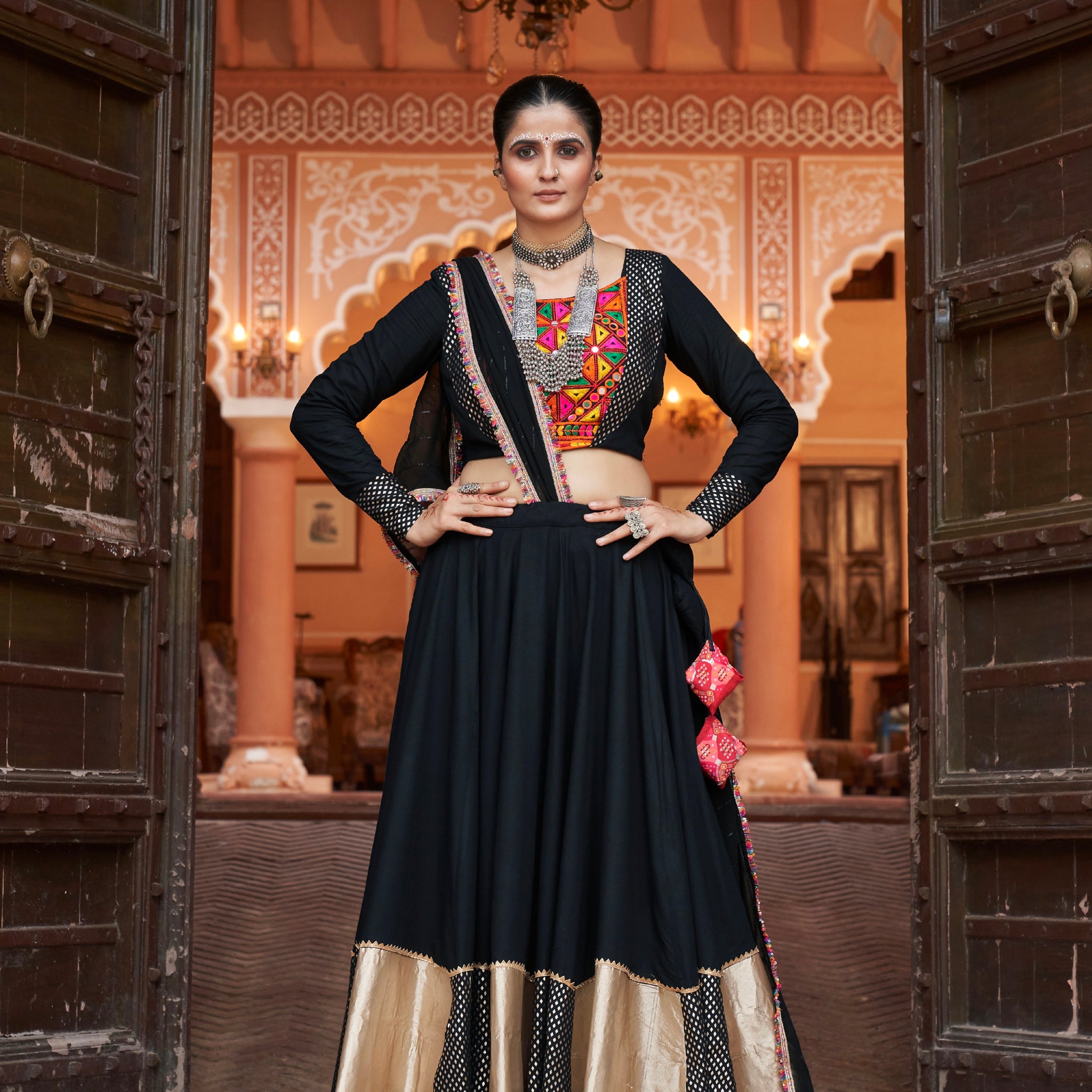 Black & Gold Embroidered Viscose Rayon Chaniya Choli
