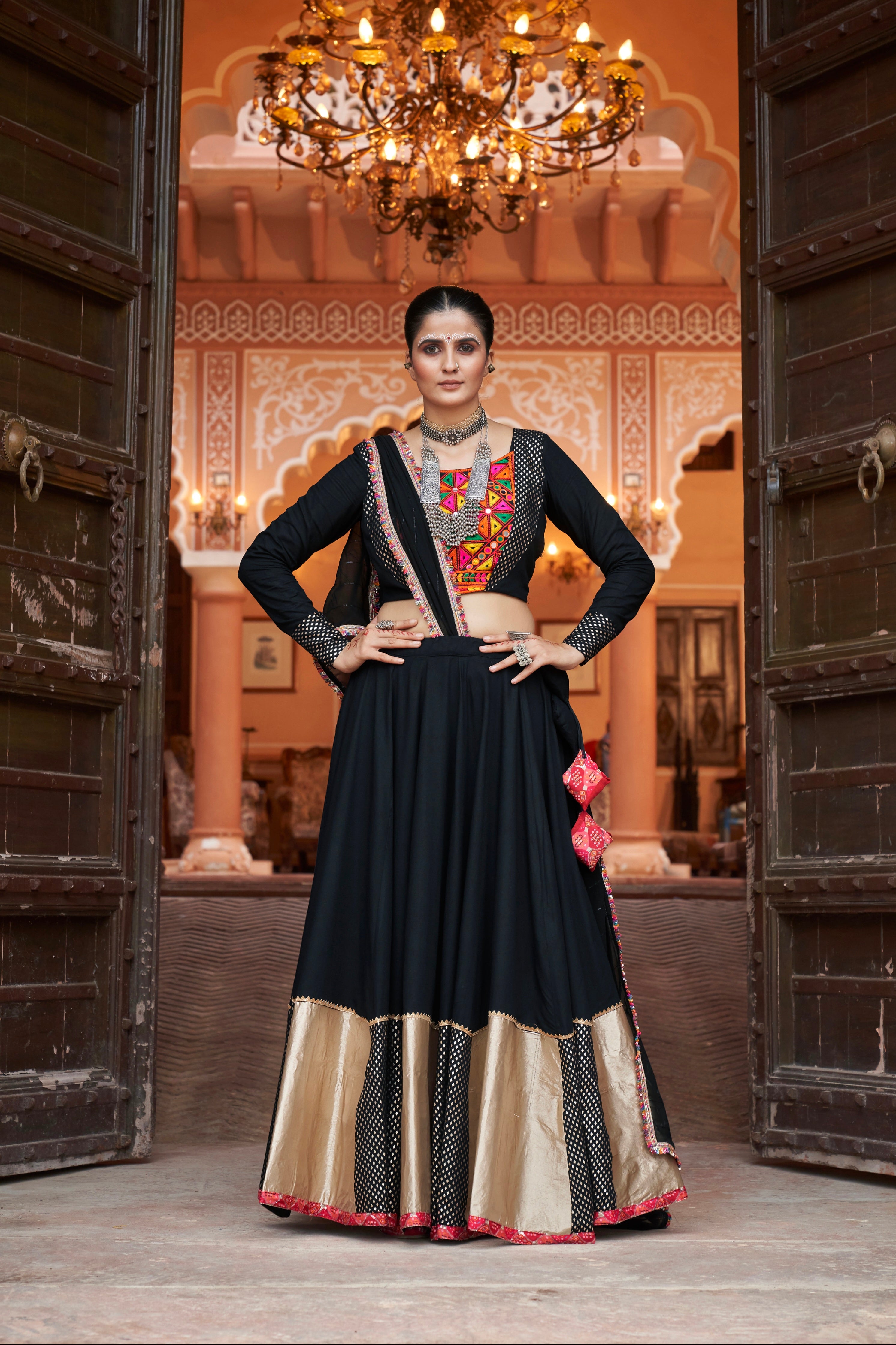 Black &amp; Gold Embroidered Viscose Rayon Chaniya Choli