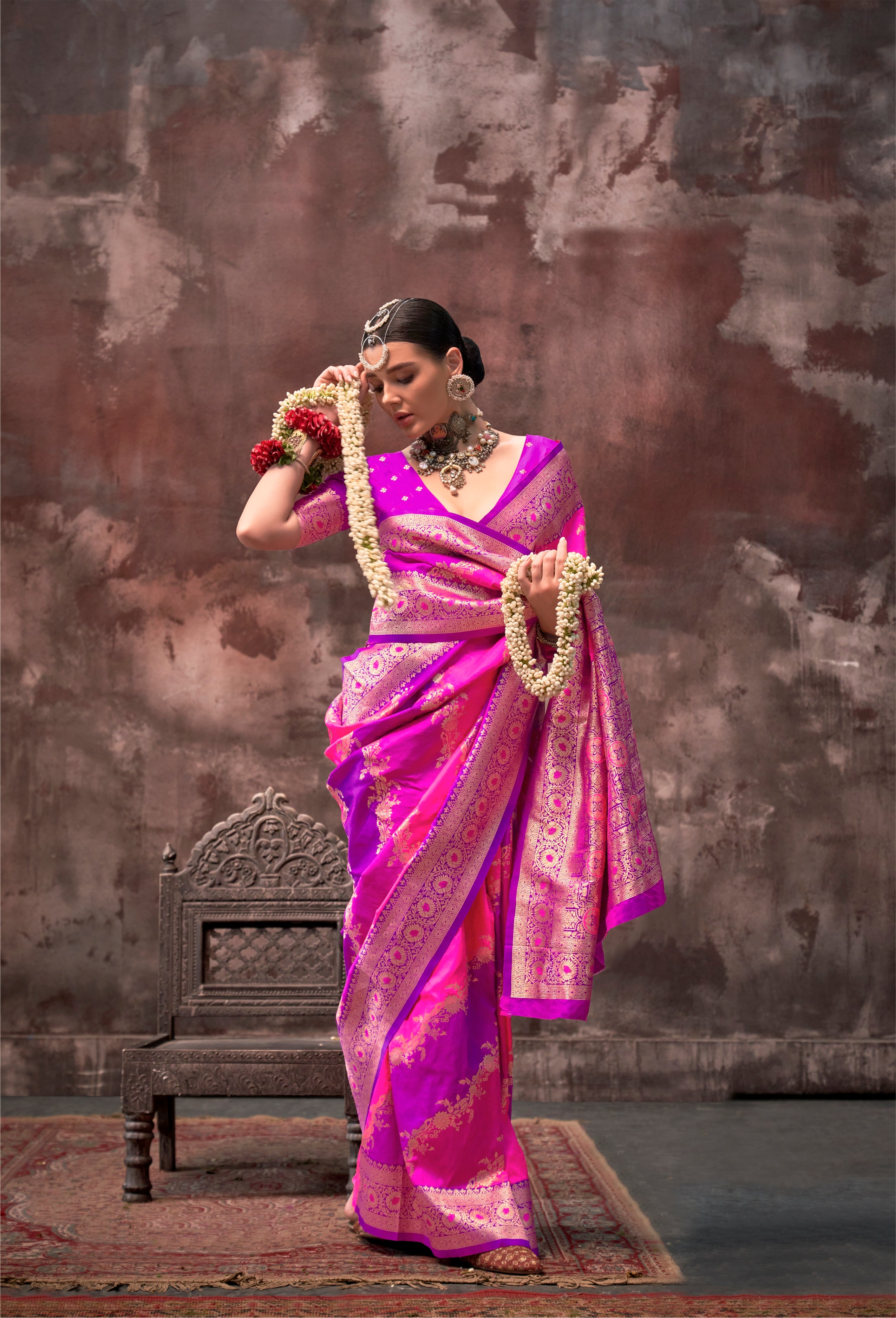 Pink &amp; Purple Rangkaat Handloom Weaving Silk Saree