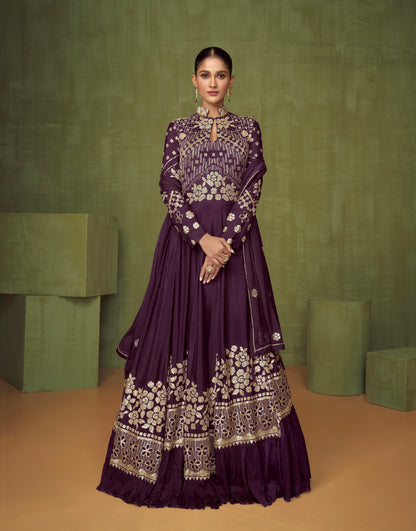 Purple embroidered Anarkali suit for wedding

