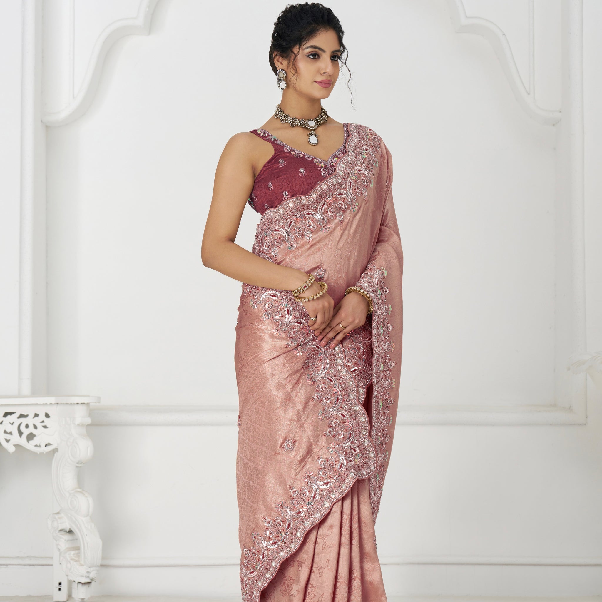 Traditional Indian saree with embroidered border