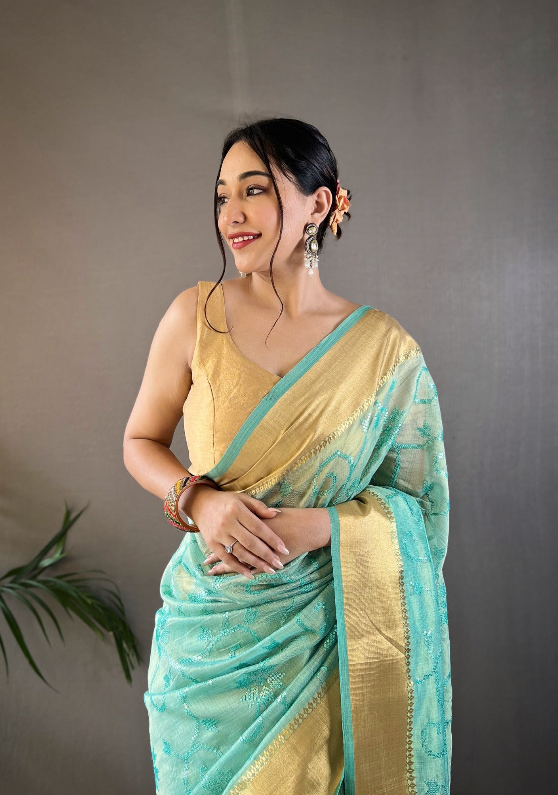 Beautiful Party Wear Zari Tissue With Sequen Work Saree