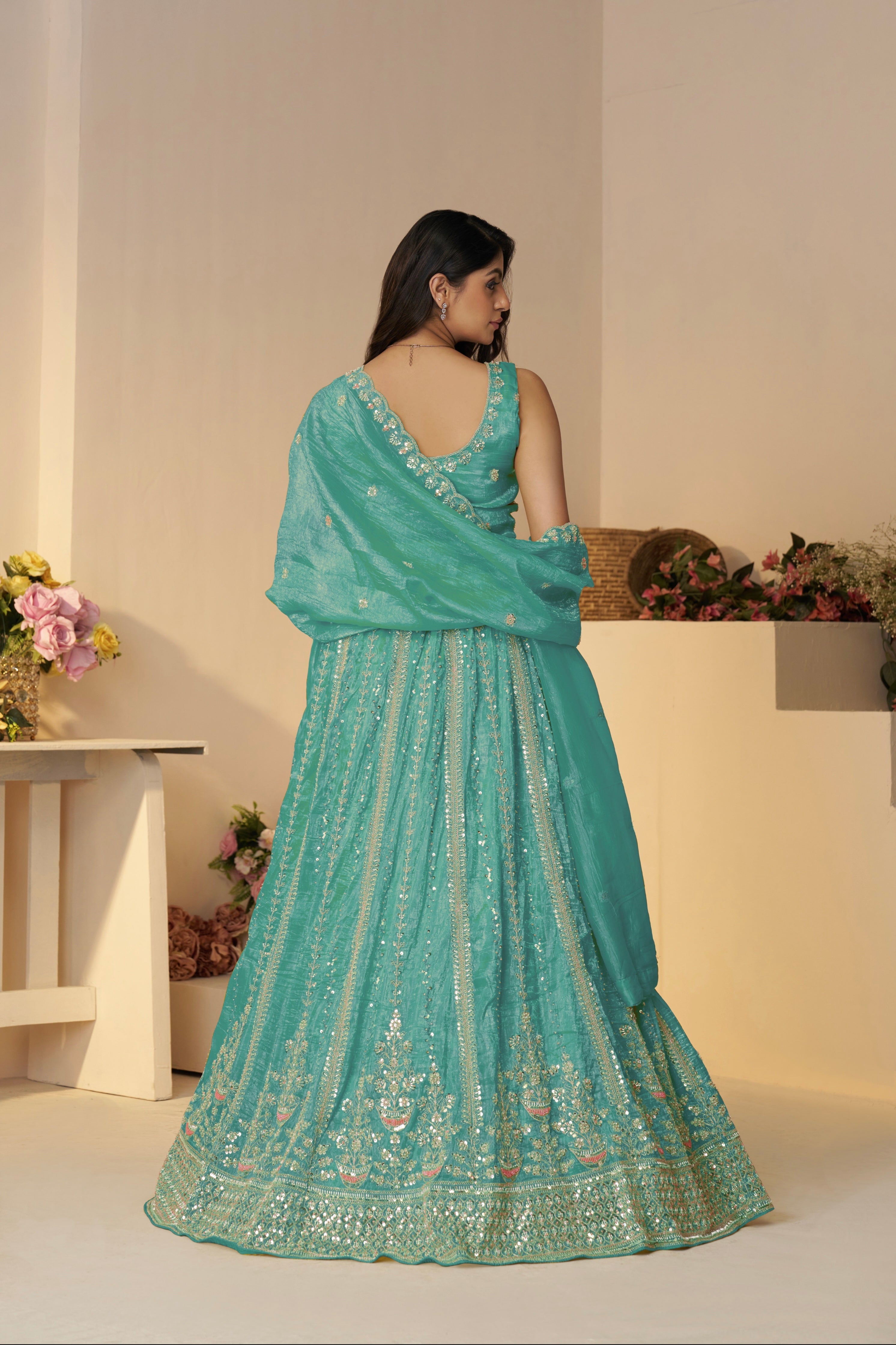 Sky blue Jimmy Choo inspired lehenga – back design with dupatta

