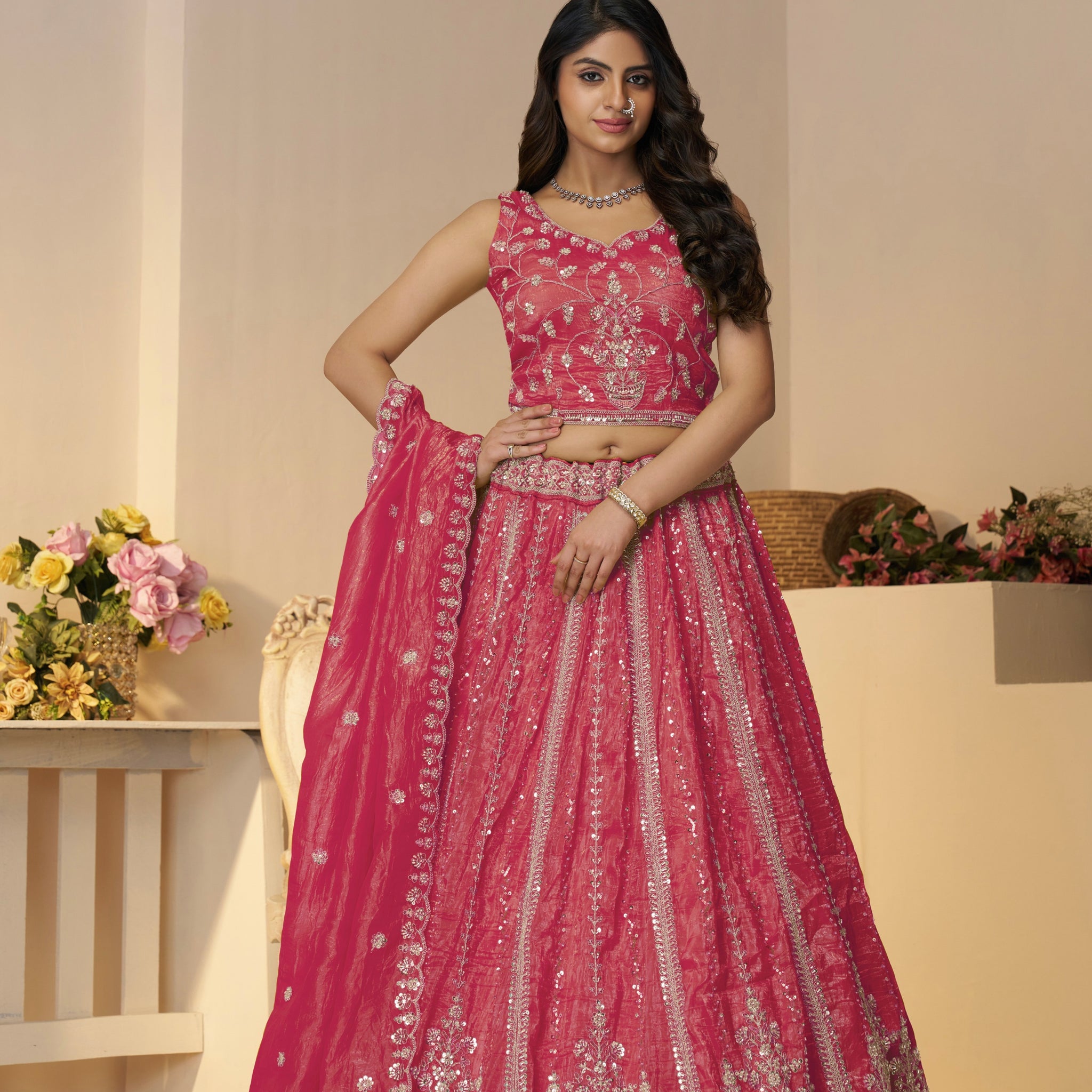 Pink bridal lehenga with zari and sequin embroidery – front look

