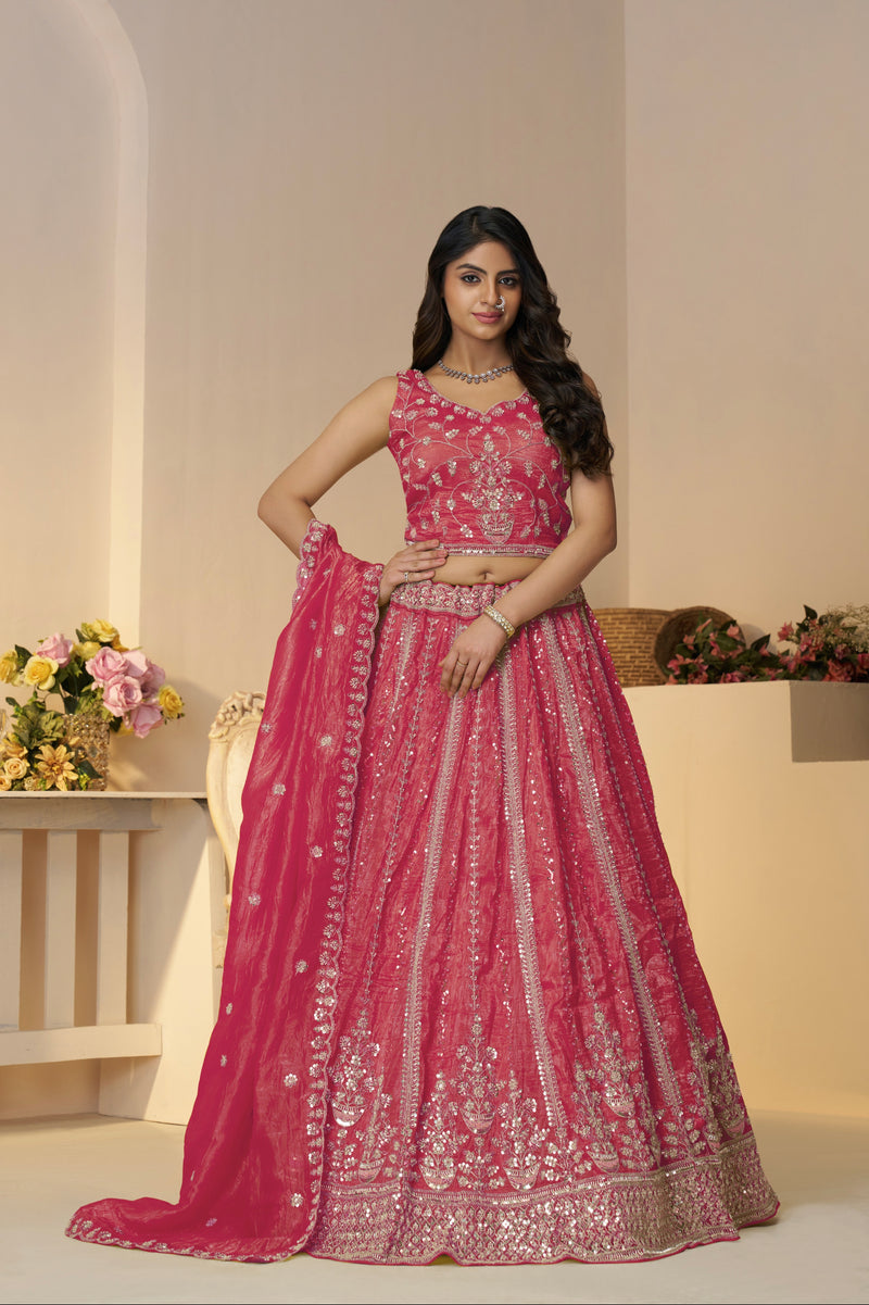 Pink bridal lehenga with zari and sequin embroidery – front look


