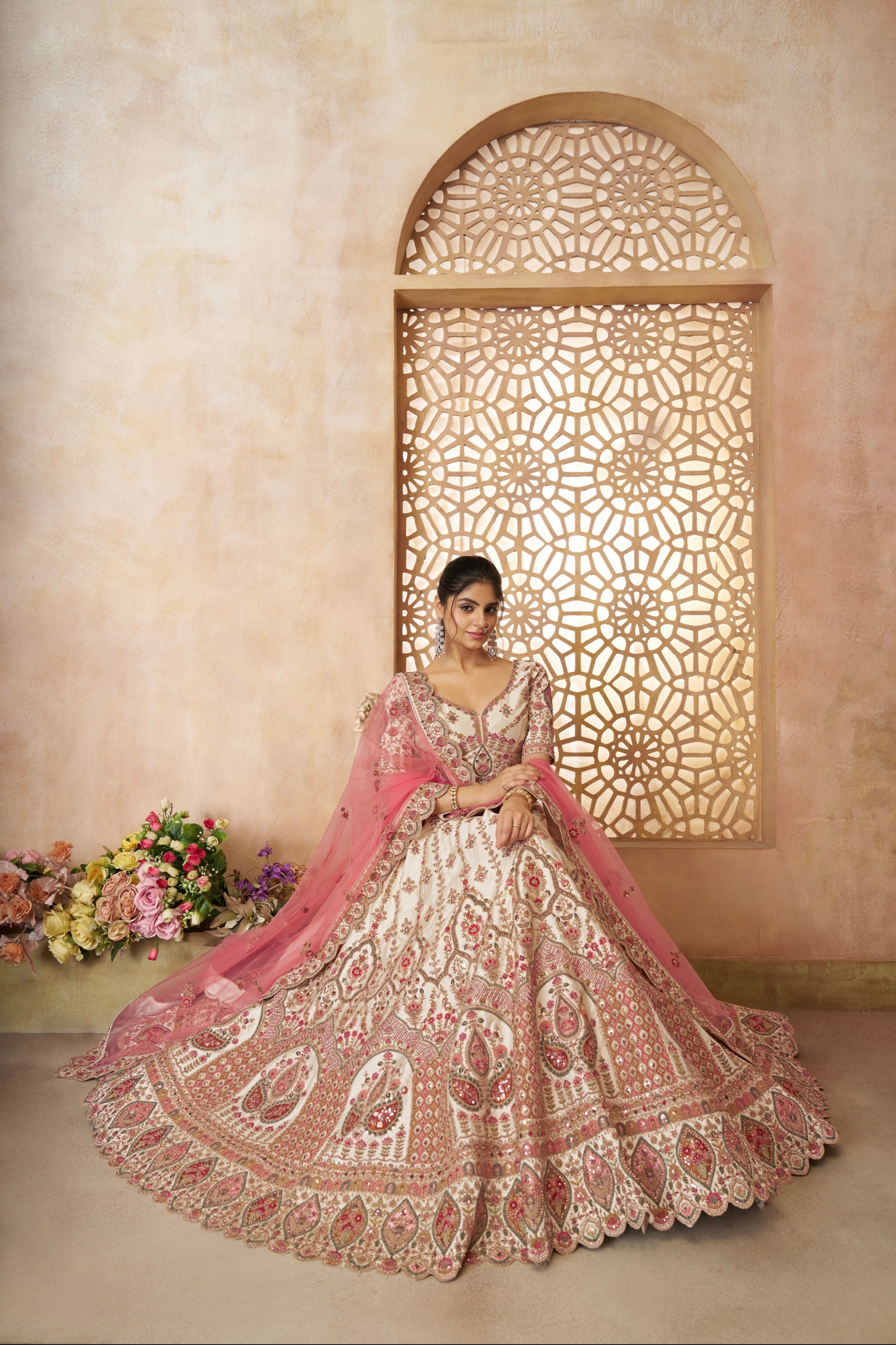 Designer silk lehenga choli in white with pink dupatta for brides