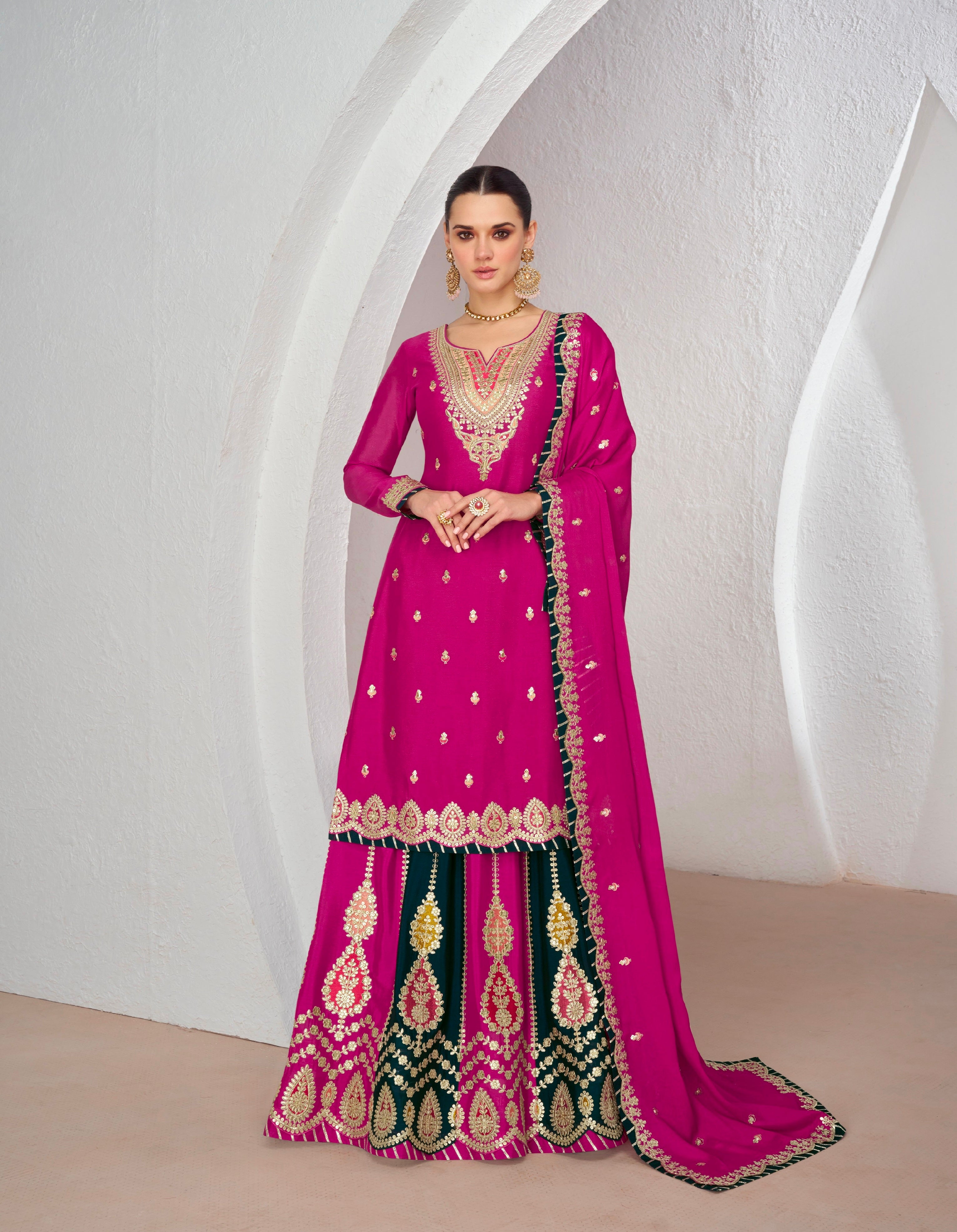 Pink Chinnon Silk Anarkali Suit with Embellished Skirt & Dupatta