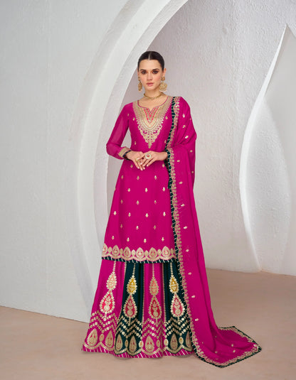 Pink Chinnon Silk Anarkali Suit with Embellished Skirt &amp; Dupatta