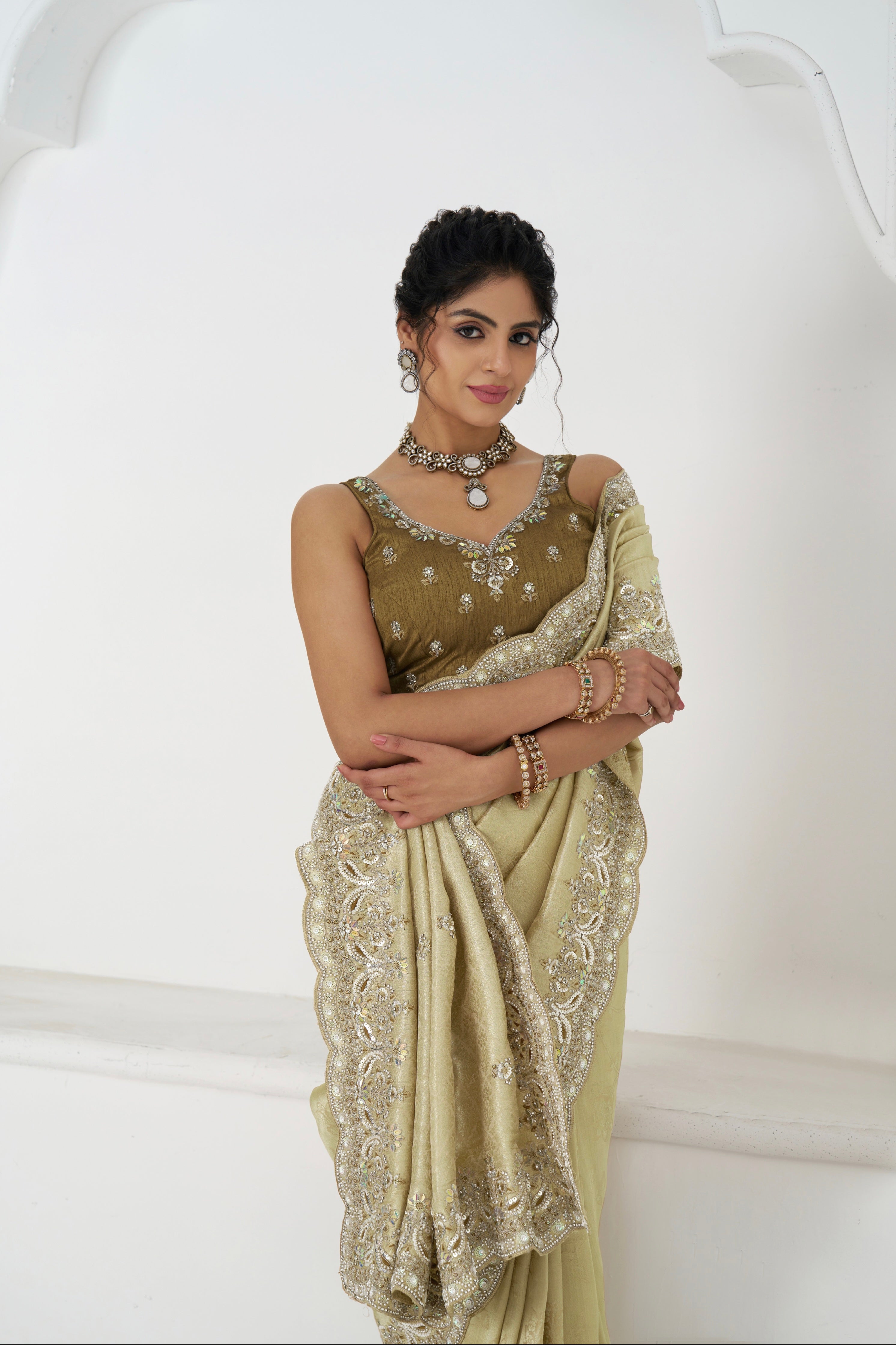 Elegant chiku saree with handcrafted sequin border